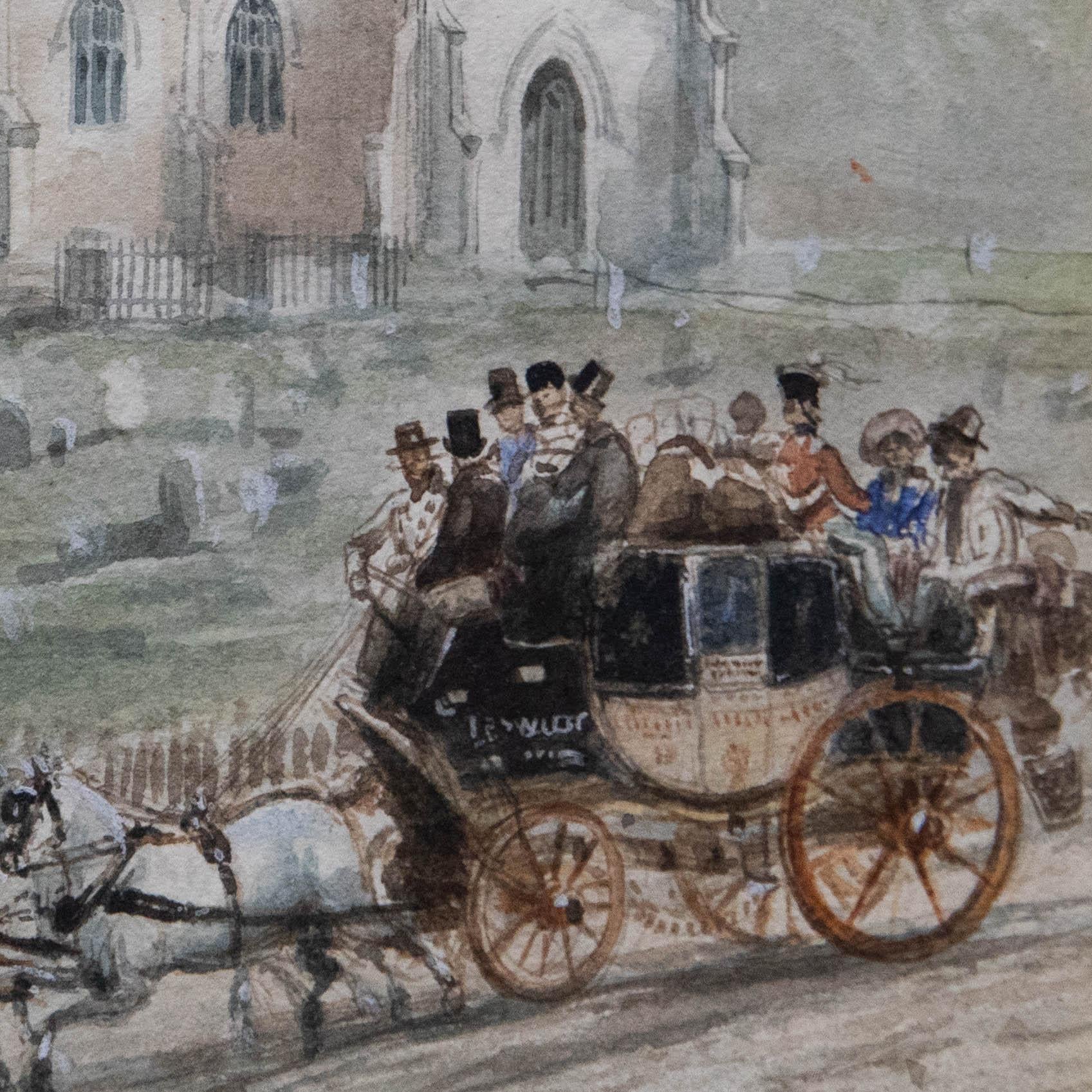 Gerahmtes Aquarell aus dem 19. Jahrhundert - Coach & Horses by a Church's im Angebot 1