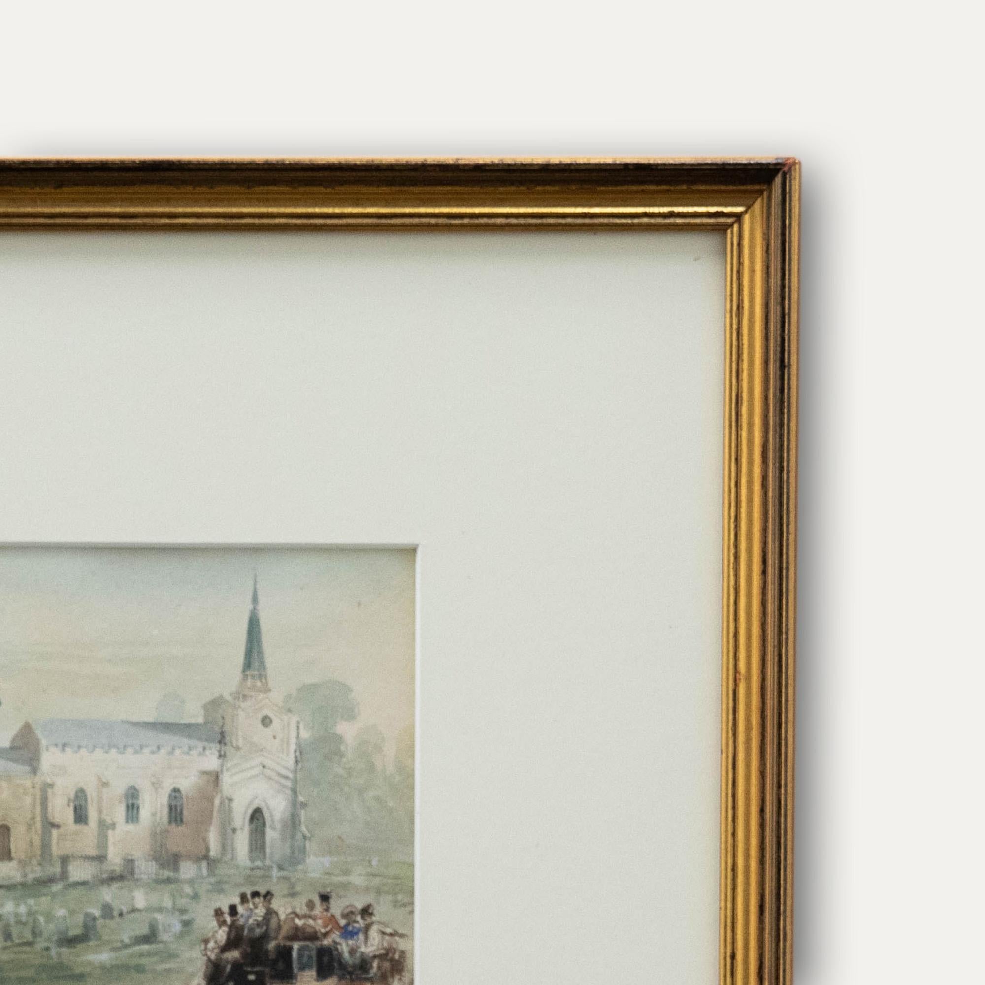 Framed 19th Century Watercolour - Coach & Horses by a Church For Sale 2