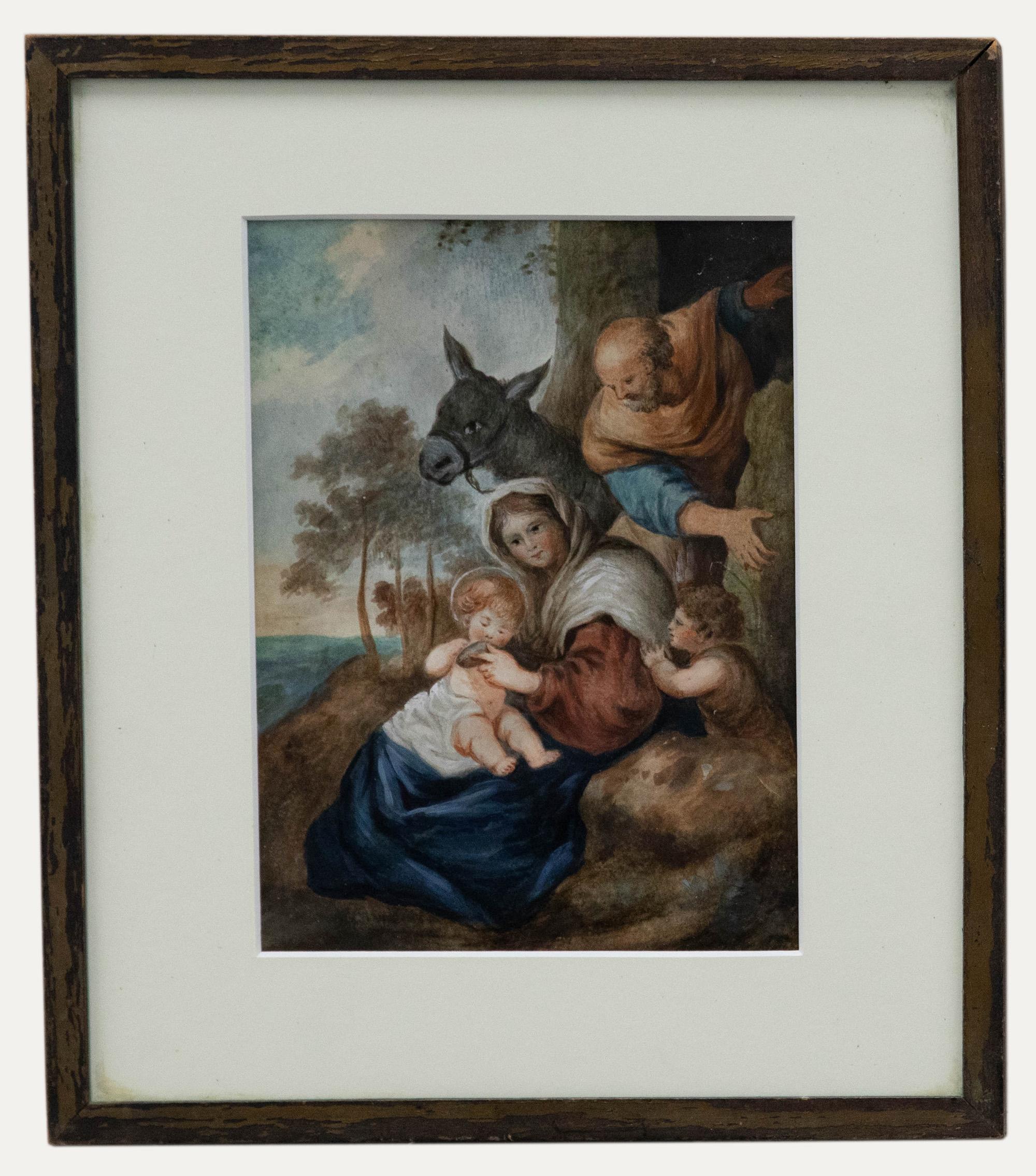 Unknown Figurative Art - 19th Century Watercolour - Rest on the flight to Egypt