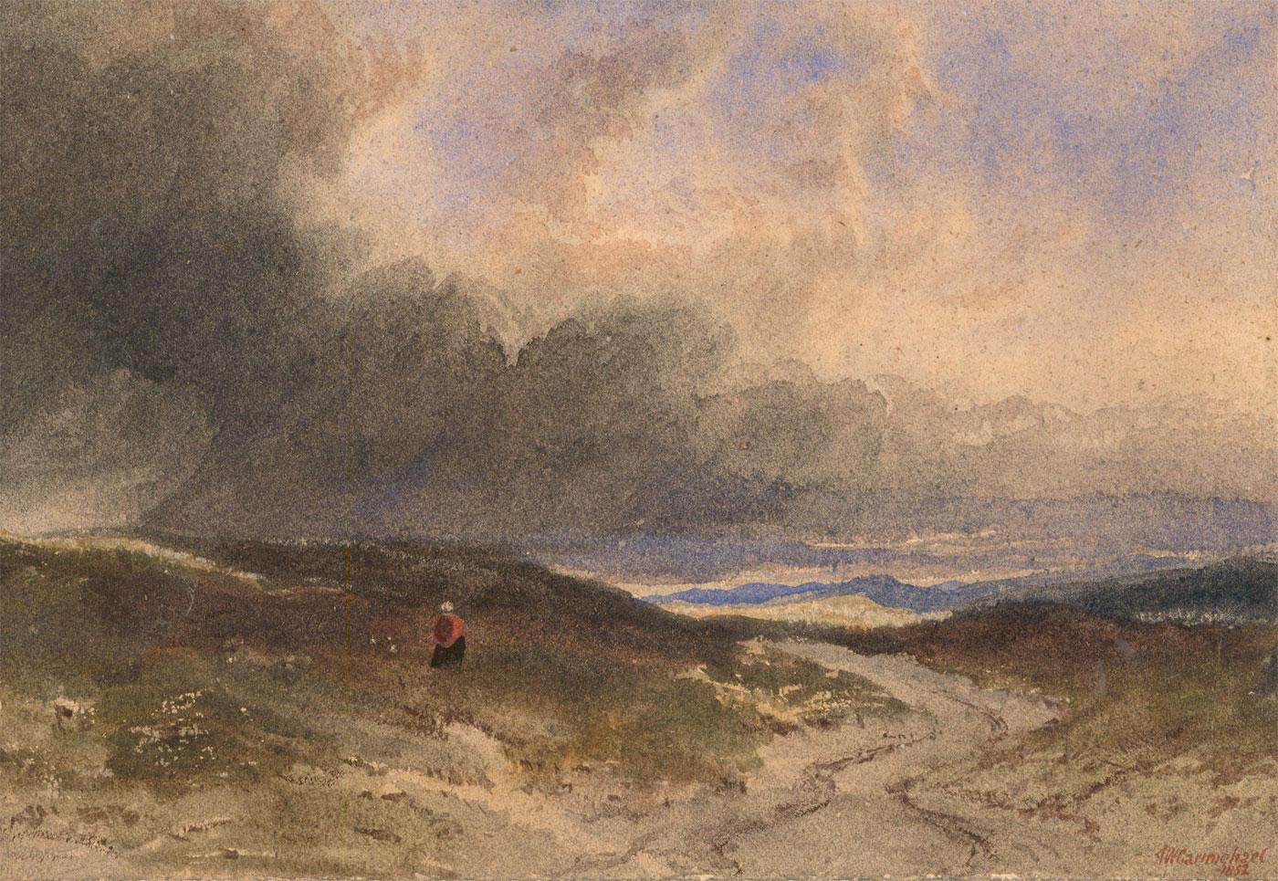 A delightful watercolour sketch depicting a lone figure walking towards the coastline. Signed and dated to the lower right. On paper.