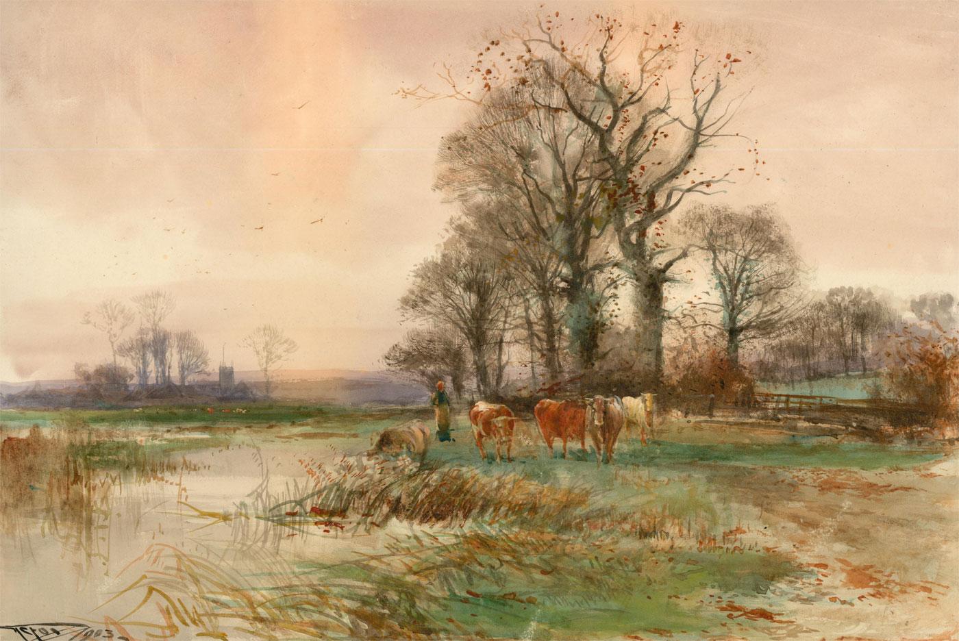 An evocative watercolour by the well-listed artist Henry Charles Fox (1860-1929) depicting the village of Roxton on the Ouse, Bedfordshire, England. A group of cattle can be seen meandering across a riverbank near a figure at dusk. Signed and dated