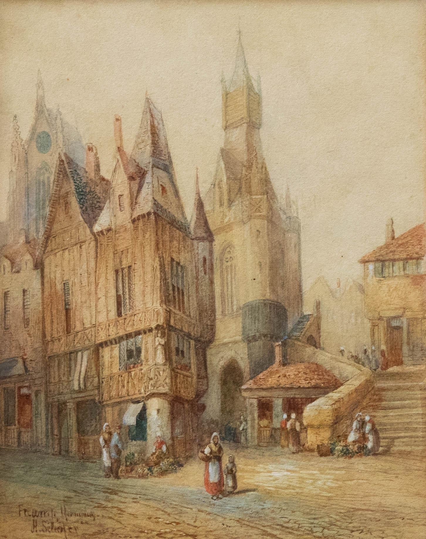 Henry Schafer (1833-1916) - Aquarell aus der Mitte des 19. Jahrhunderts, Ein Markt in der Normandie im Angebot 1