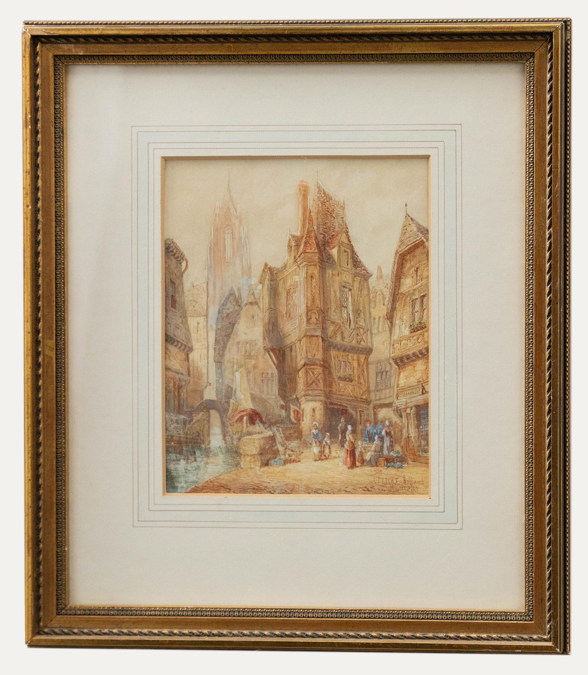 An intricate watercolour scene by highly collectable artist Henry Schafer (1833-1916). Signed and titled to the lower right. Presented in a gilt frame with a ribbon and stick running pattern. On paper.