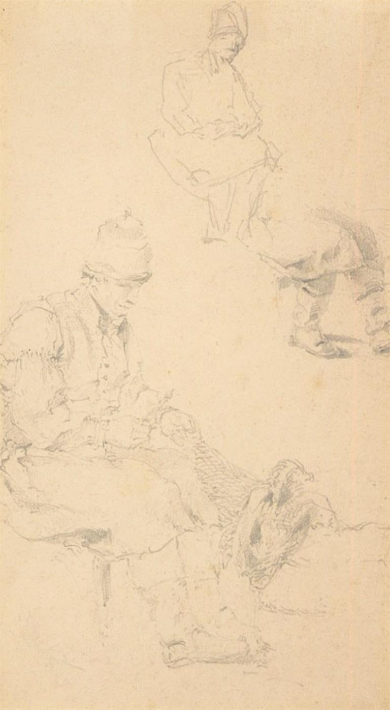 A charming graphite study in the style of architectural artist Samuel Prout. The scene depicts a fisherman mending a net in fine graphite detail. Bears the name of Samuel Prout verso. Presented in a wash line mount. On paper.