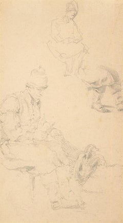 Attribué. Samuel Prout (1783-1852) - Dessin au graphite du XIXe siècle, raccommodage des filets