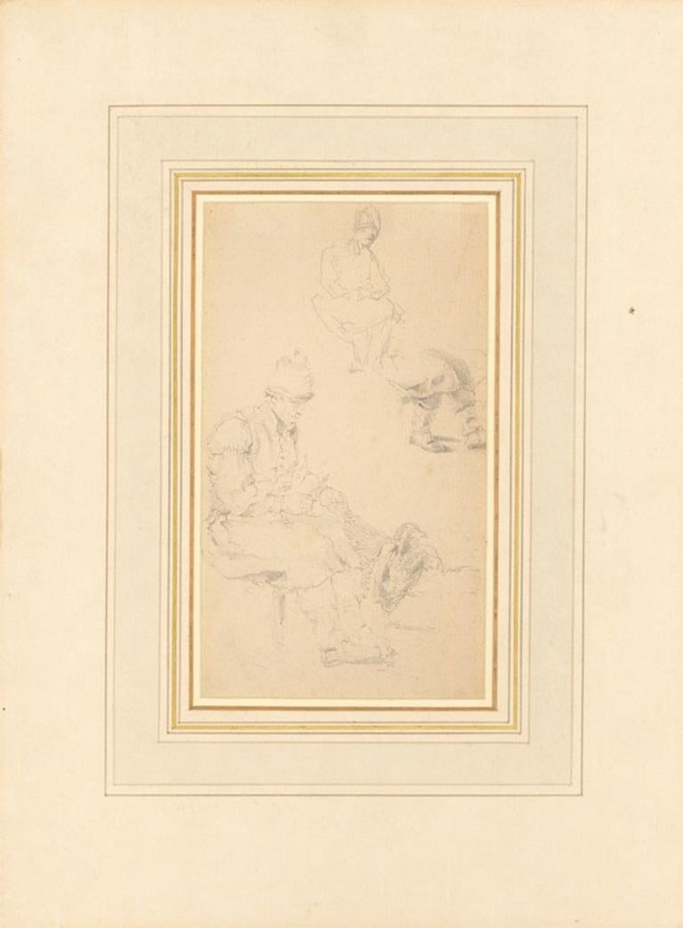 Attrib. Samuel Prout (1783-1852) - 19th Century Graphite Drawing, Net Mending For Sale 1