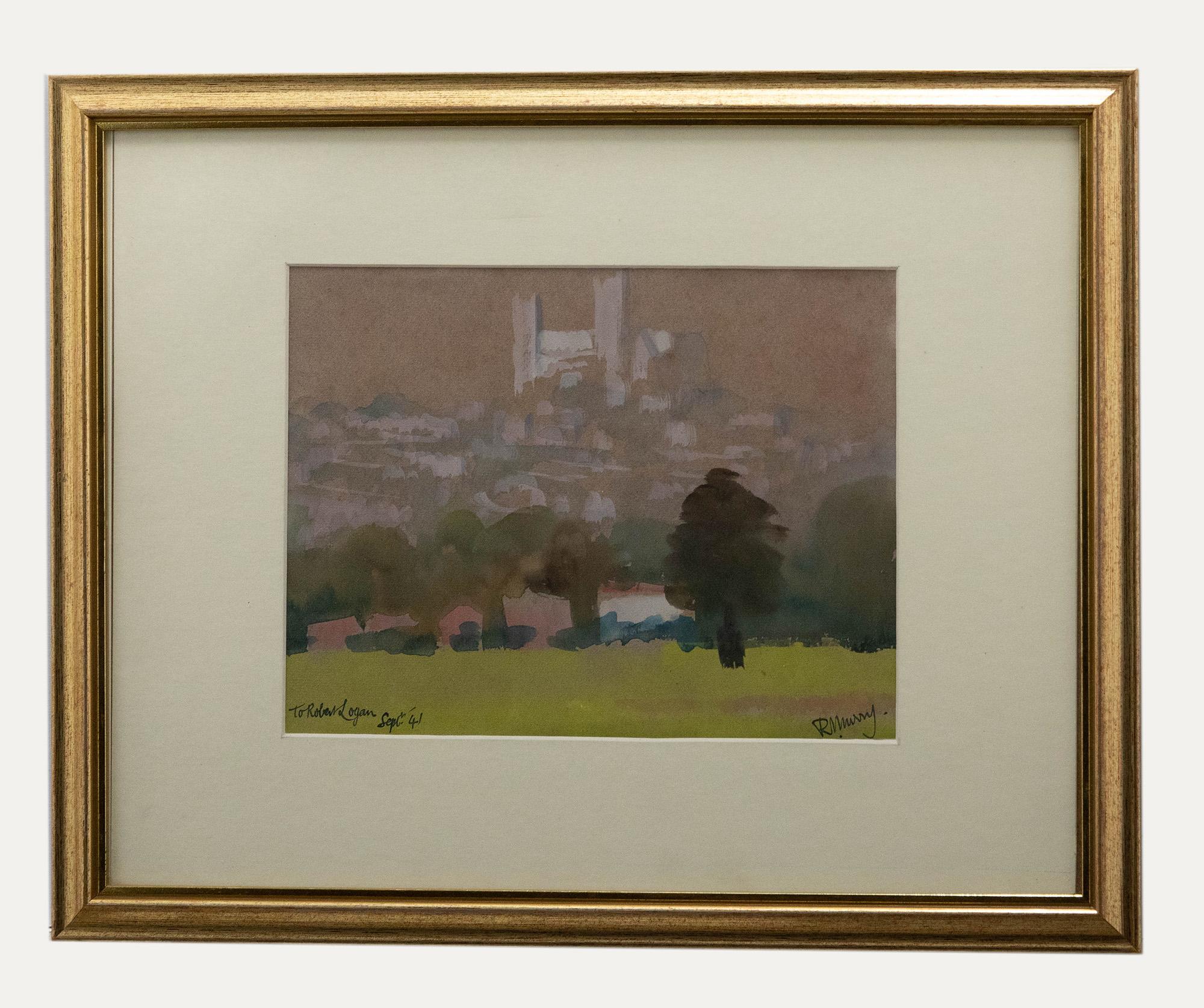 Eine impressionistische Originalstudie von Richard Murray, die Bäume in einer Parklandschaft vor einer Stadt und einer großen Kathedrale zeigt. Unten links mit der Inschrift "To Robert Logan, September 41". Präsentiert in einem eleganten Rahmen mit