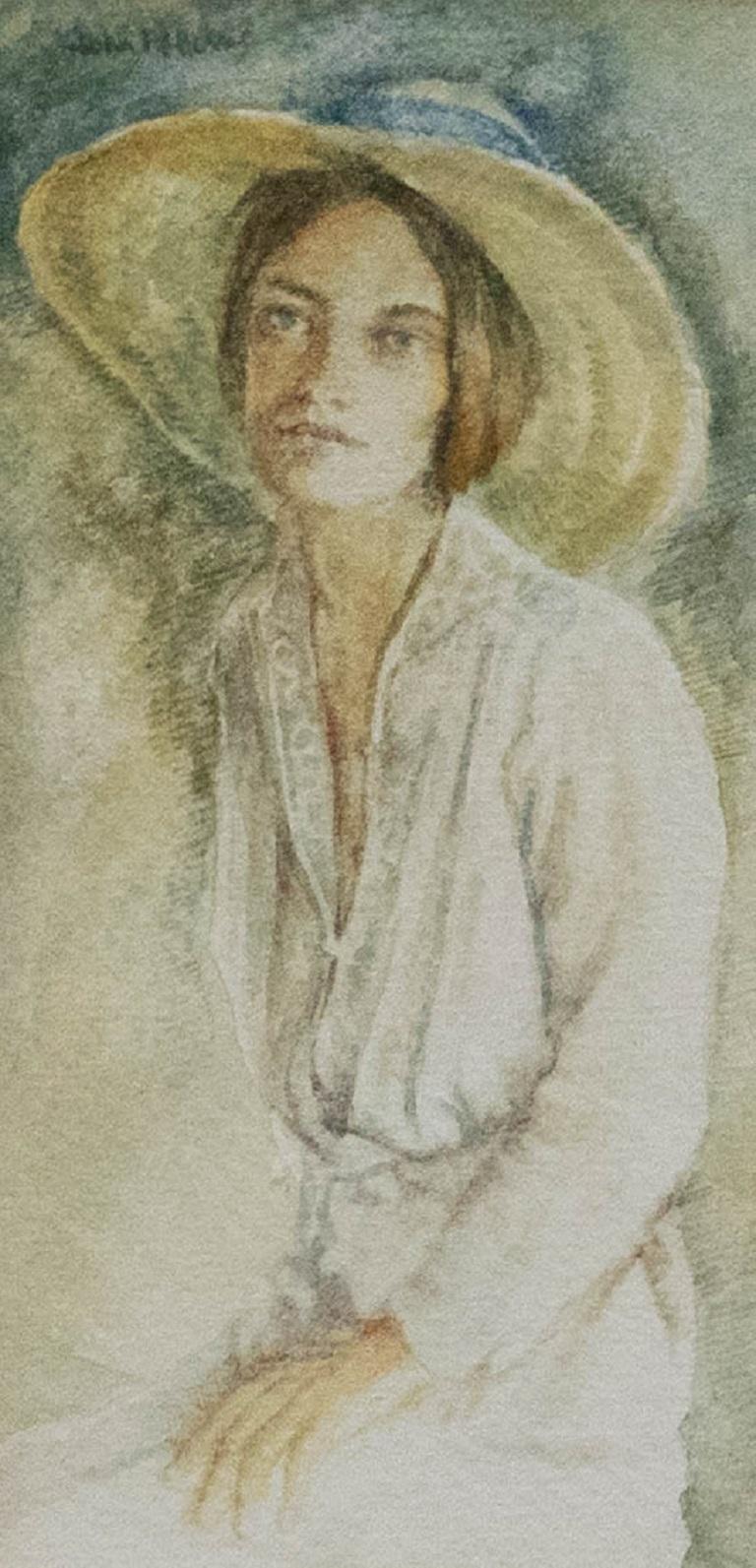 A delightful watercolour study of a young lady wearing a white blouse with a large brimmed summer hat, gazing softly at the viewer. Well presented in a elegant gilt-effect frame. Indistinctly signed. On watercolour paper. 