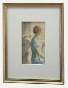 Aquarelle du début du 20e siècle encadrée Lady on the Balcony