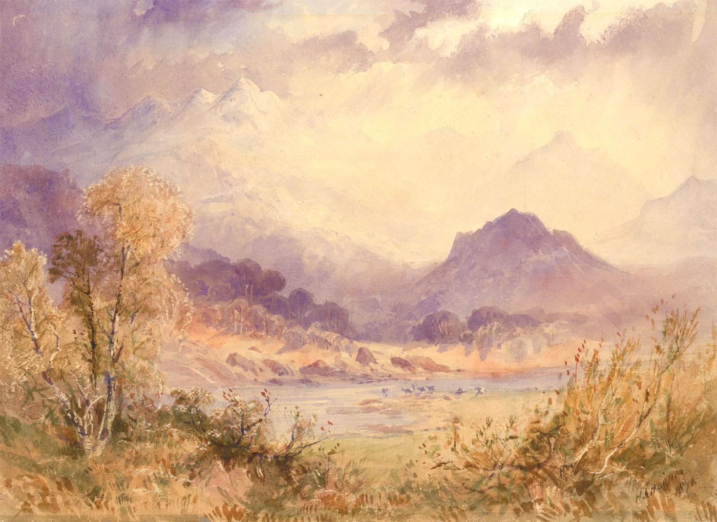 Henry Andrew Harper (Blunham, 1835 - London, 1900) Landscape Art – Henry Andrew Harper (1835-1900)  - 1872 Aquarell, Hirsche in den Highlands
