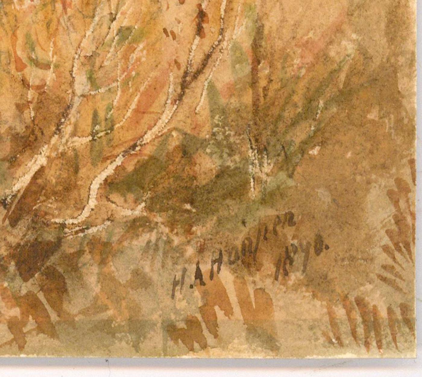 Eine charmante Aquarellstudie, die eine Hirschherde zeigt, die an einem Hochlandsee vor einer dramatischen Bergkulisse grast. Signiert und datiert unten rechts. Auf dem Papier.
