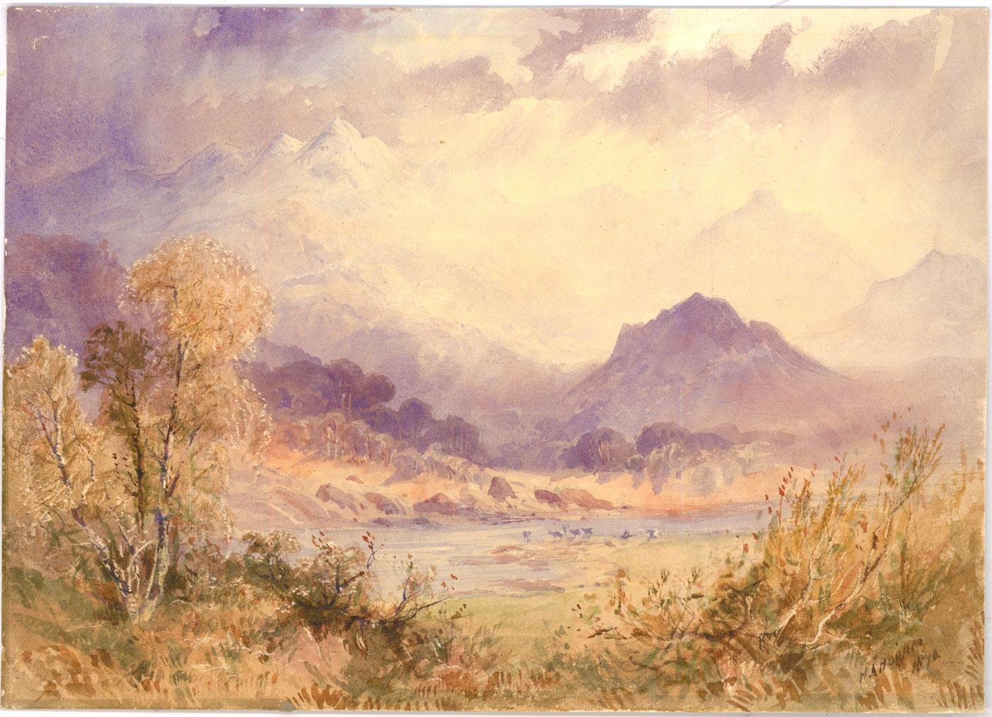 Henry Andrew Harper (1835-1900)  - 1872 Aquarell, Hirsche in den Highlands – Art von Henry Andrew Harper (Blunham, 1835 - London, 1900)
