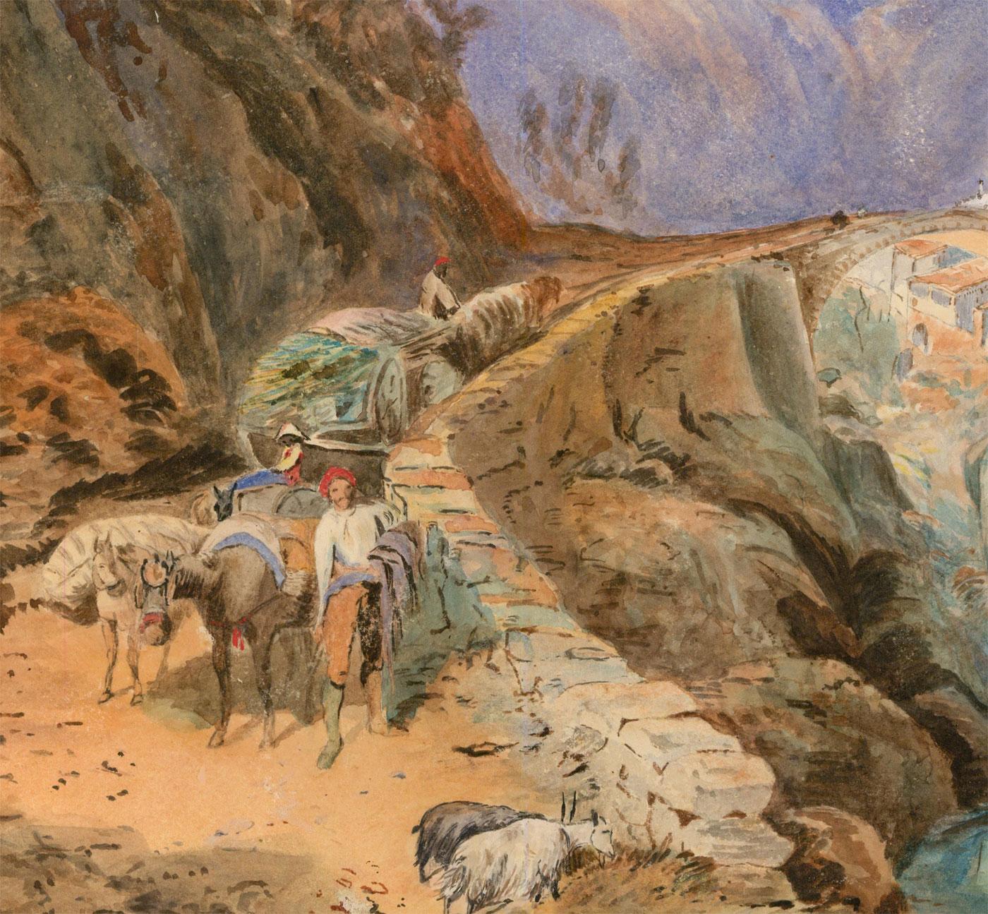Ein detailreiches Aquarell aus dem 19. Jahrhundert, das eine italienische Bergstadt oder ein italienisches Bergdorf darstellt, mit Figuren, die Esel über eine alte Steinbrücke führen. Die Art und Weise, wie die Szene dargestellt wird, ähnelt stark