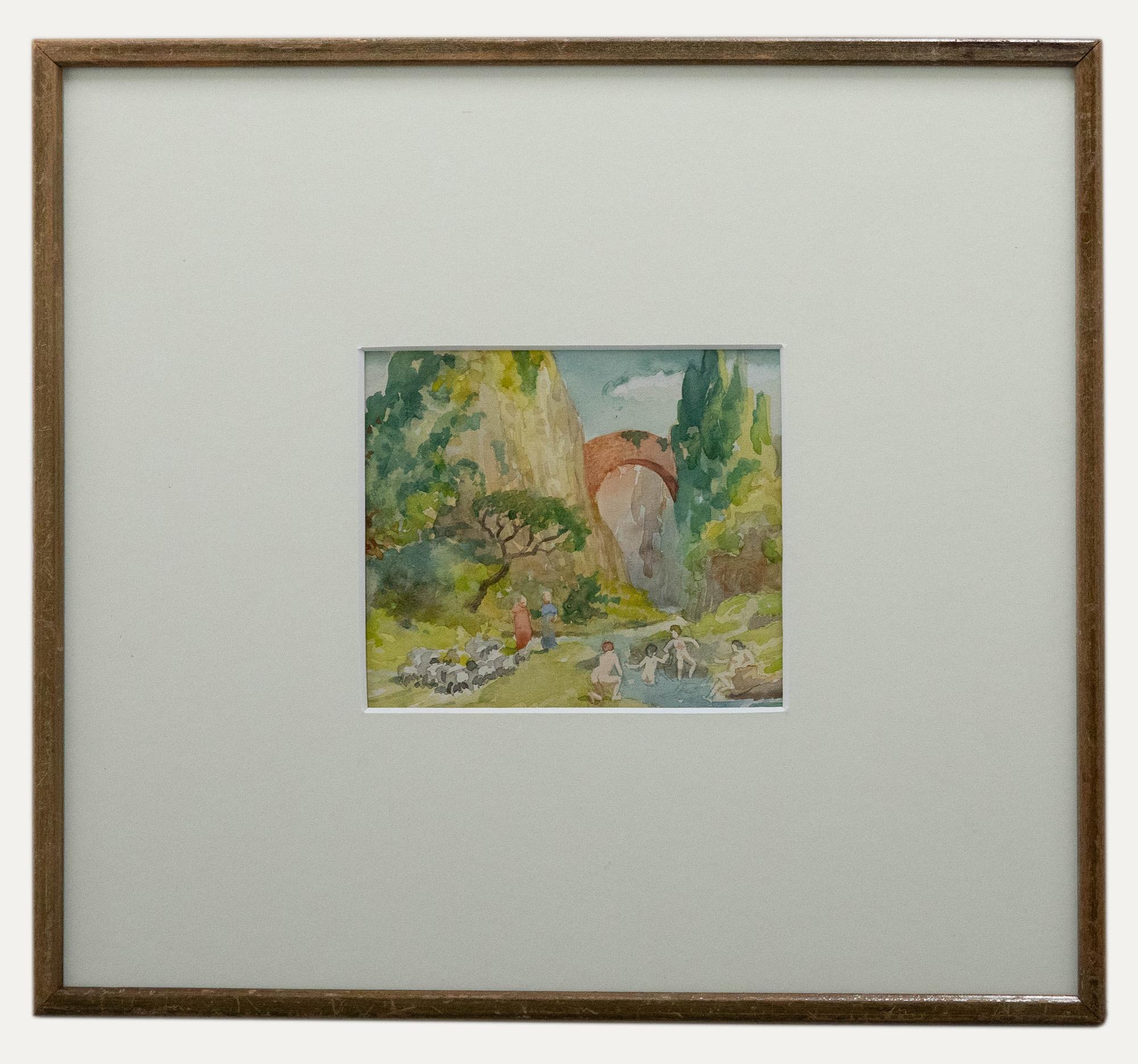 A fantastical watercolour by the artist Vivian Bewick, depicting a group of nude figures playing in a river landscape, with a flock of sheep nearby and a distant bridge between mountains. Handsomely presented in a vintage thin wooden frame and wide
