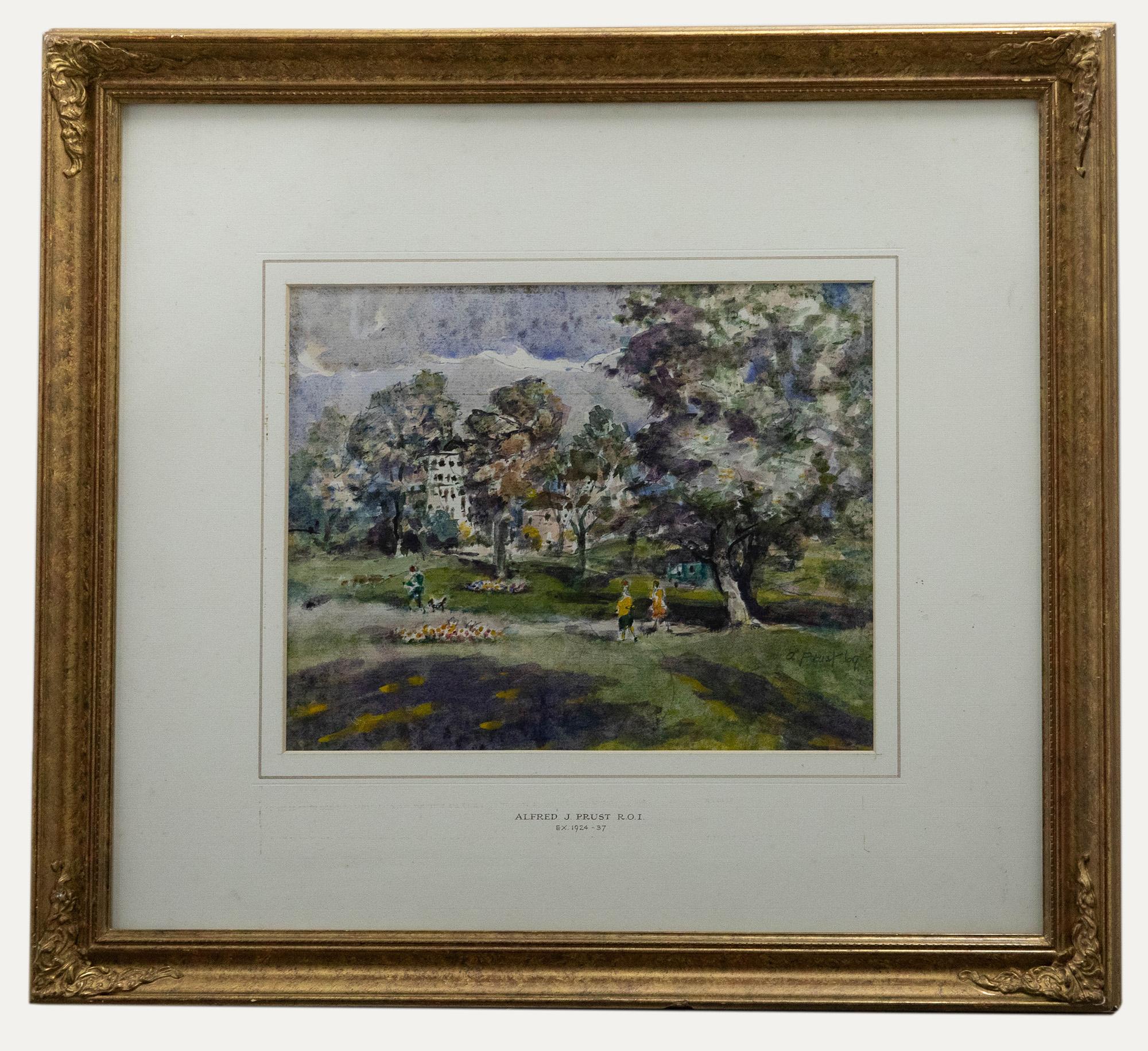 Unknown Landscape Art - Alfred J. Prust (exh.1924-1937) - 1969 Watercolour, The Park in Summer