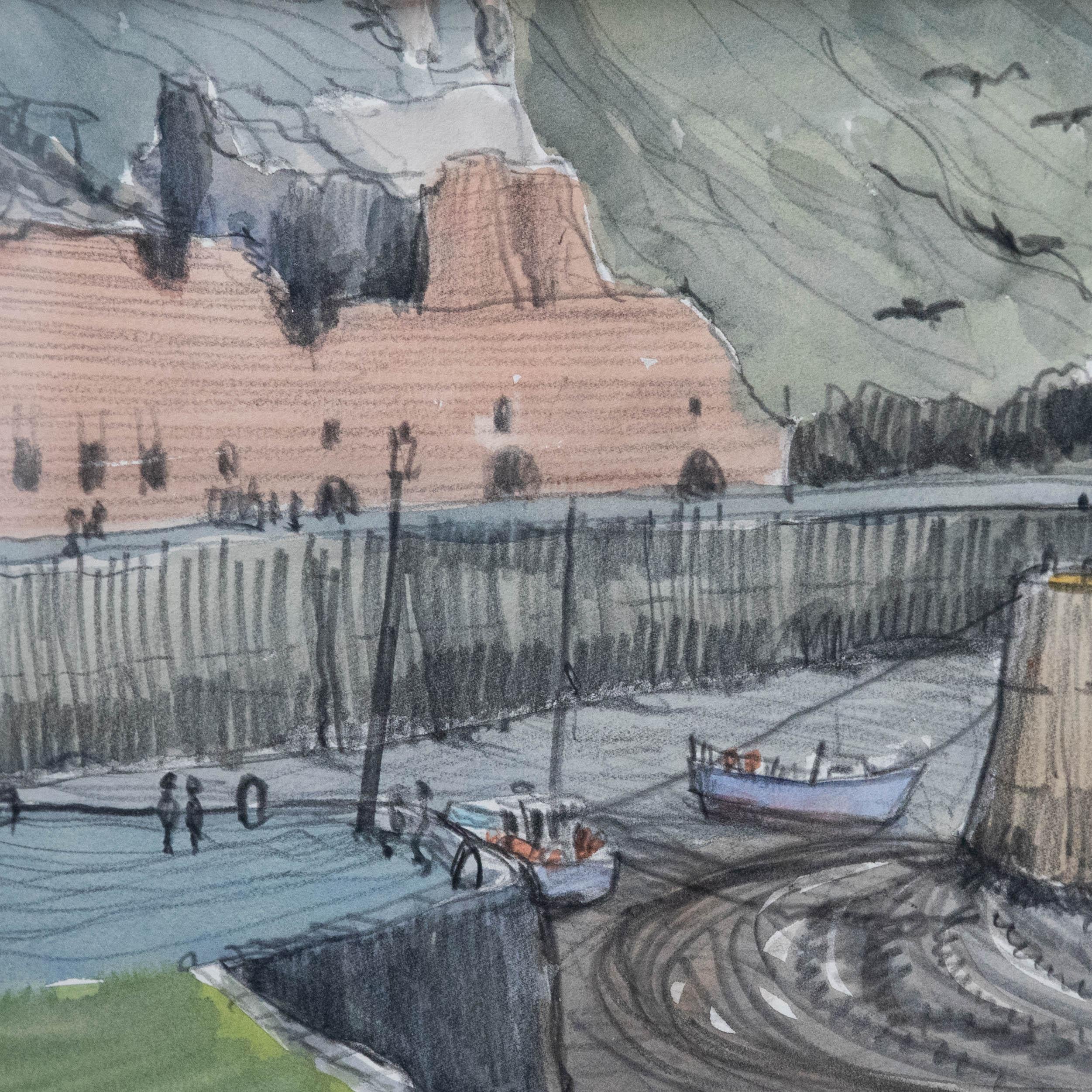 Une étude contemporaine du port de Porthgain. Capturé au crayon noir et au lavis d'aquarelle. Signé et daté en bas à gauche. Présenté dans un cadre contemporain blanc cassé. Sur le papier.
