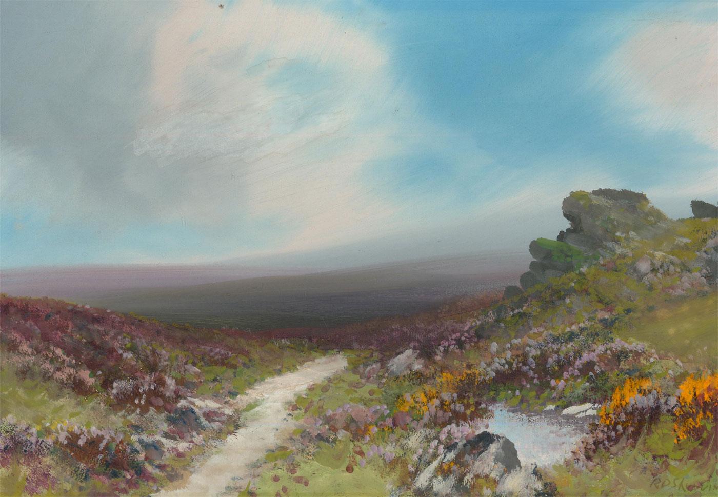 Eine stimmungsvolle Landschaft von Reginald Daniel Sherrin, die eine weite Moorlandschaft darstellt. Signiert unten rechts. Auf Papier, auf Karton aufgezogen.