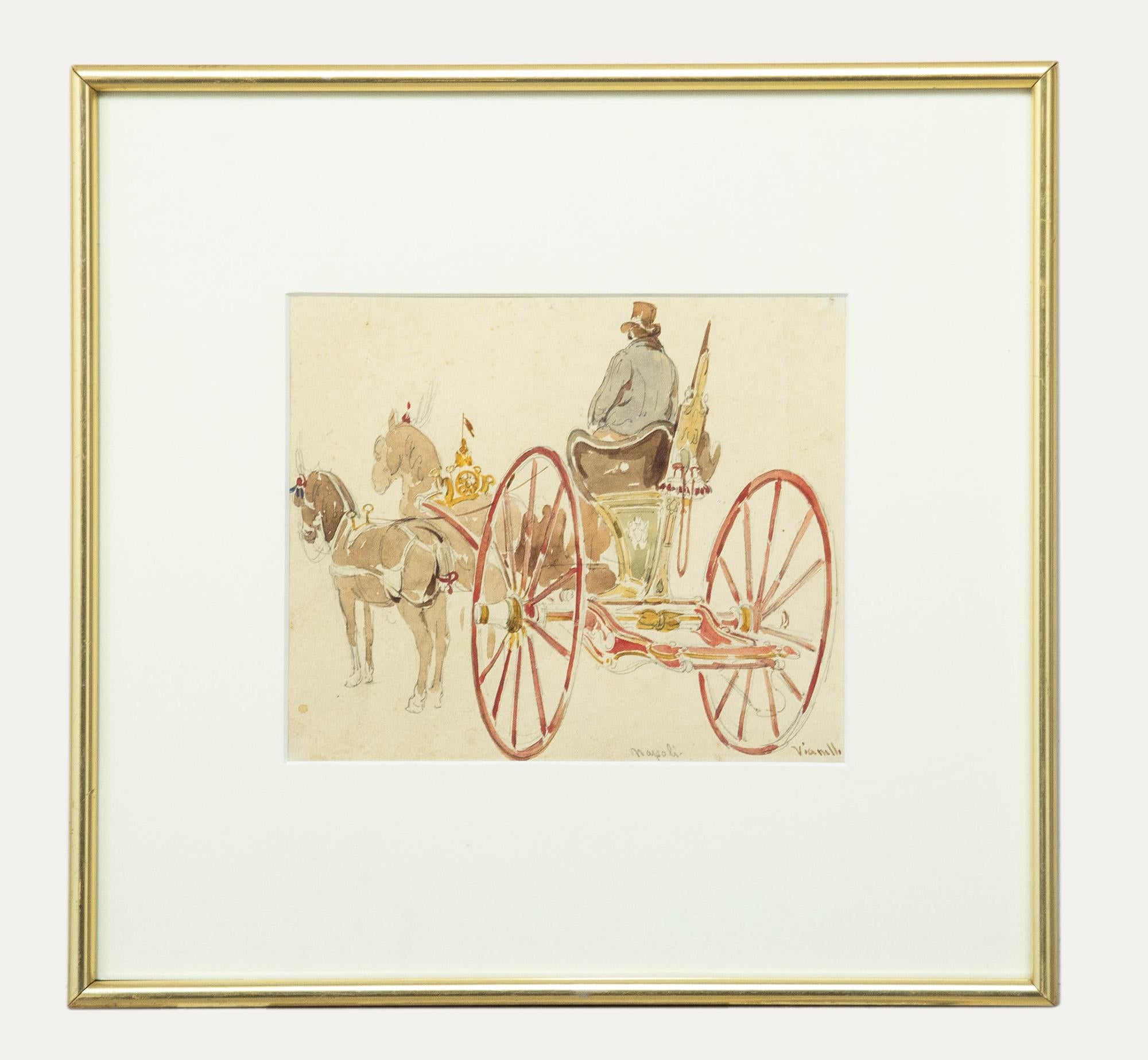 Unknown Animal Art – Achille Vianelli (1803-1894) – Aquarell, Studie eines drapierten Pferdewagens