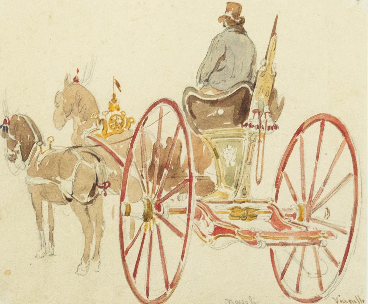 Achille Vianelli (1803-1894) – Aquarell, Studie eines drapierten Pferdewagens – Art von Unknown