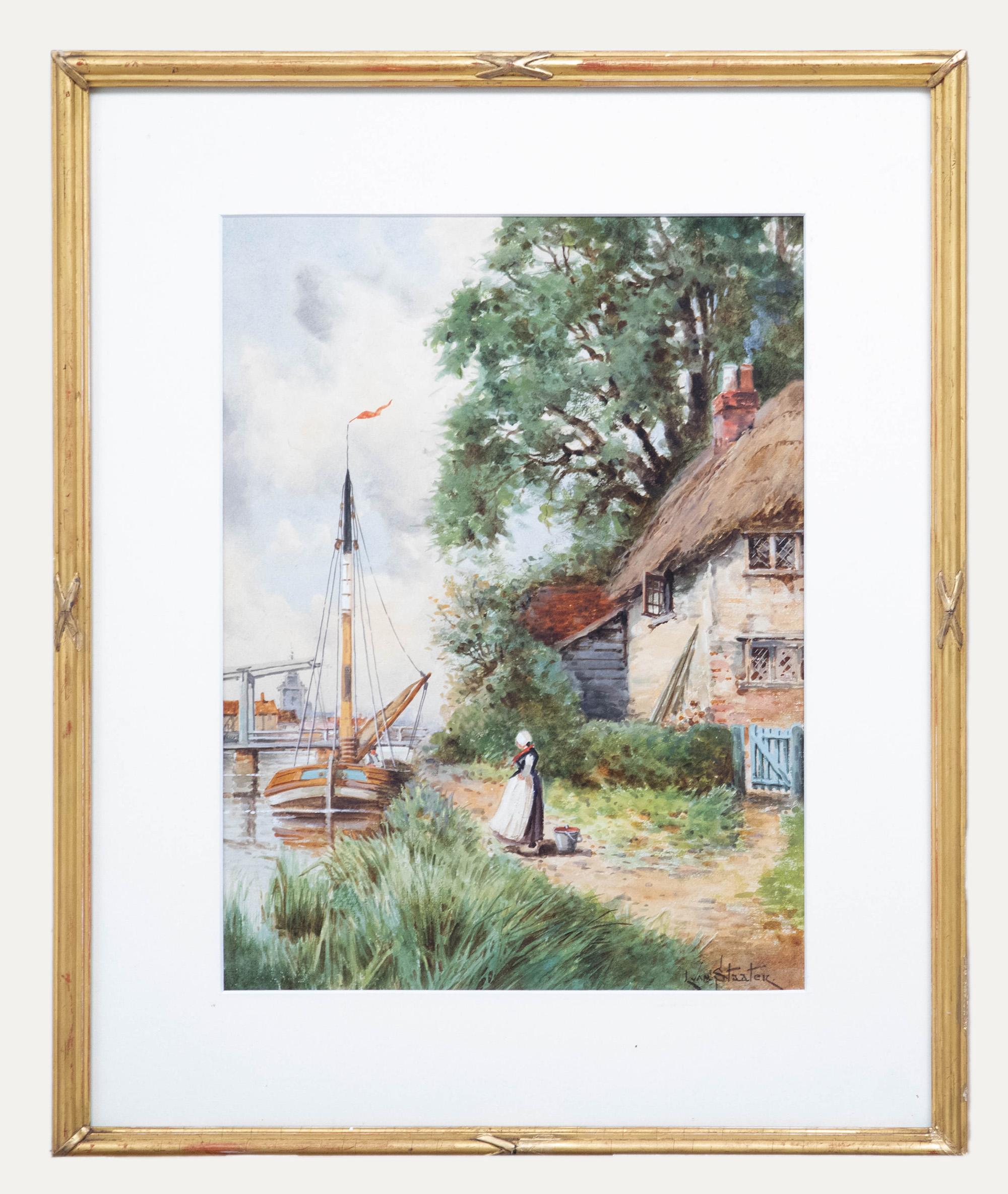 Ein Original-Aquarell des niederländischen Landschaftsmalers Louis Van Staaten, auch bekannt als Hermanus II Koekkoek (1836-1909). Signiert unten rechts. Gut präsentiert in einem dekorativen Rahmen in Goldoptik mit Kreuzbandornamenten. Auf