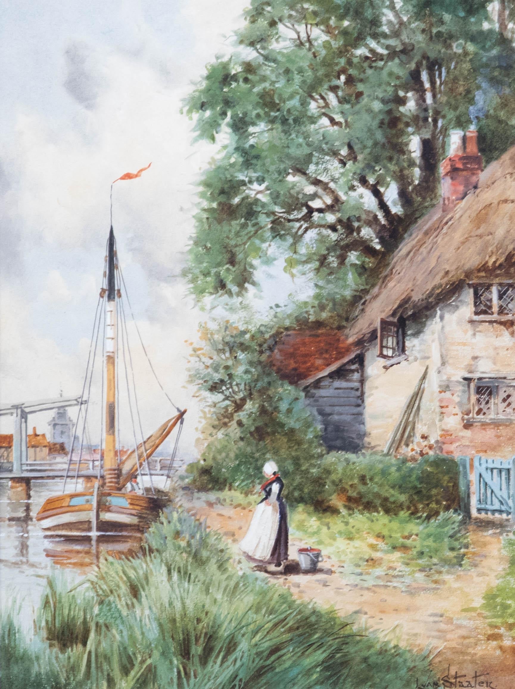 Louis Van Staaten (1836-1909) - Acuarela enmarcada, Esperando en el sendero del río en venta 1