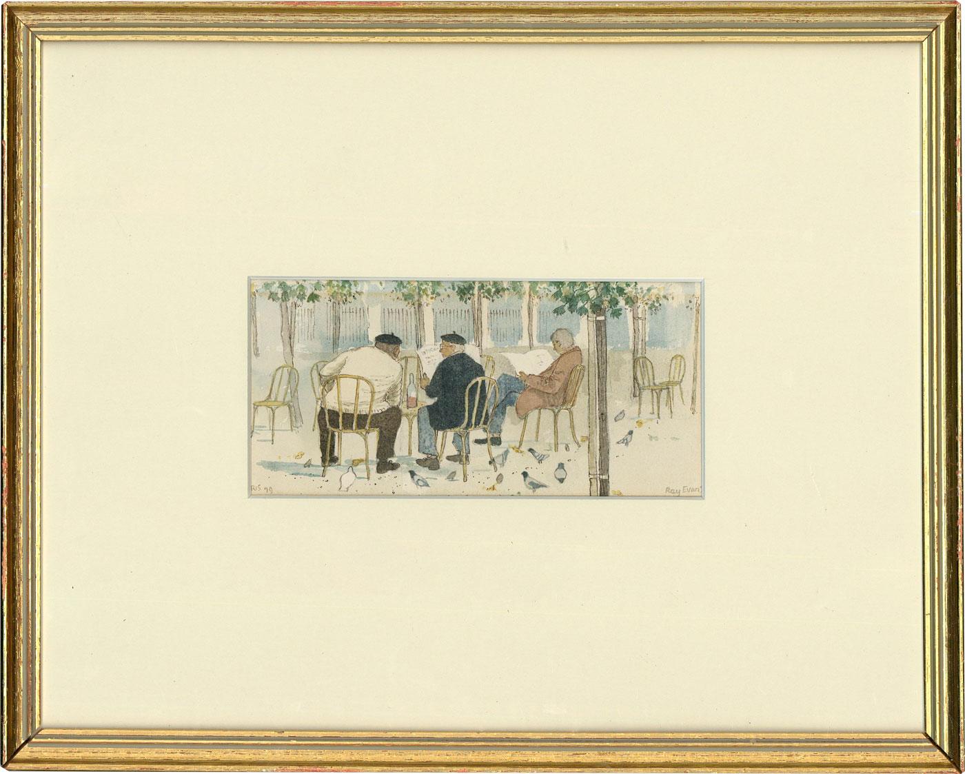 Figurative Art Unknown - Ray Evans (1920-2008), aquarelle encadrée, Morning Paper au Palais Royale