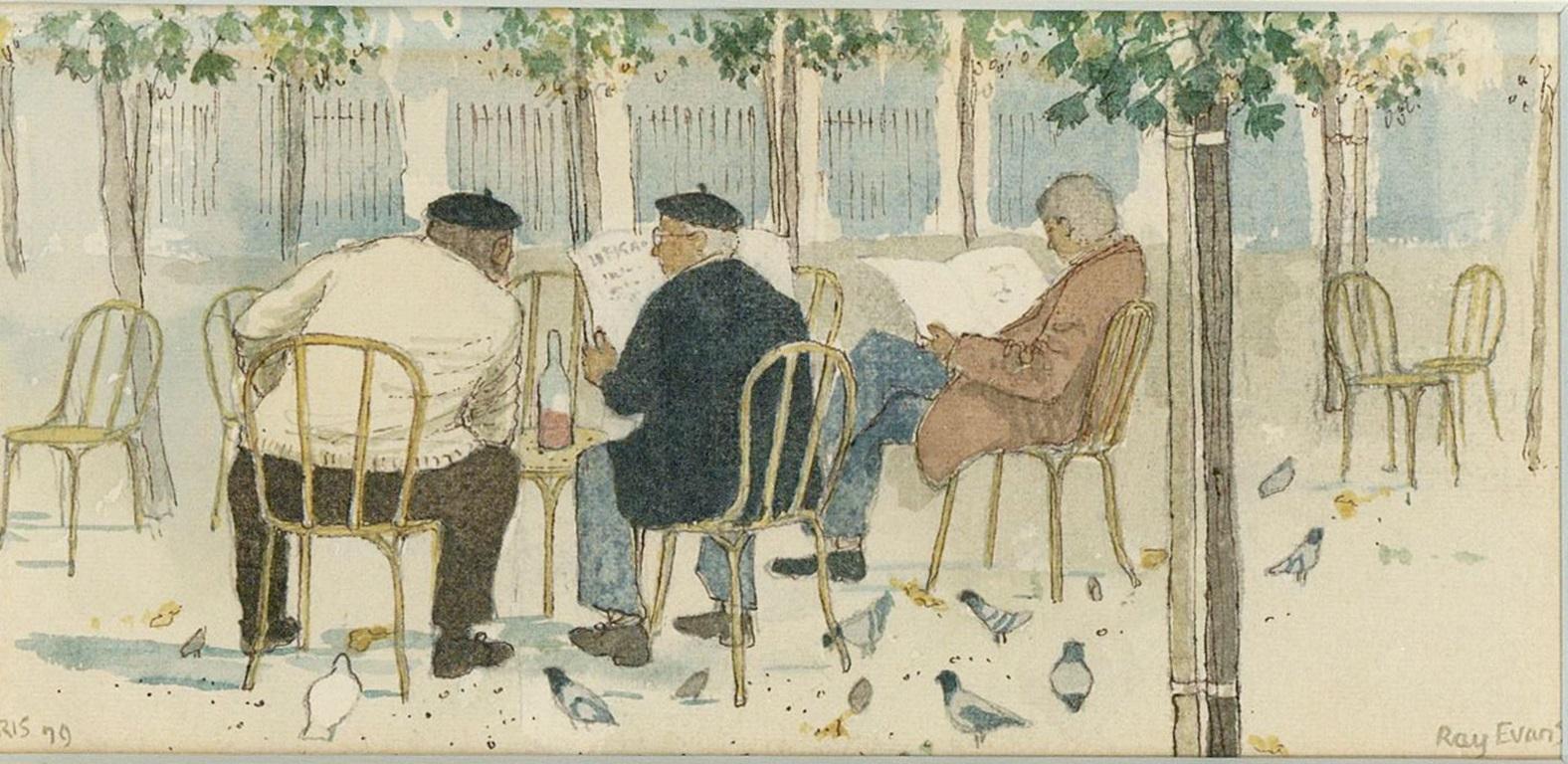 Ray Evans (1920-2008), aquarelle encadrée, Morning Paper au Palais Royale - Art de Unknown