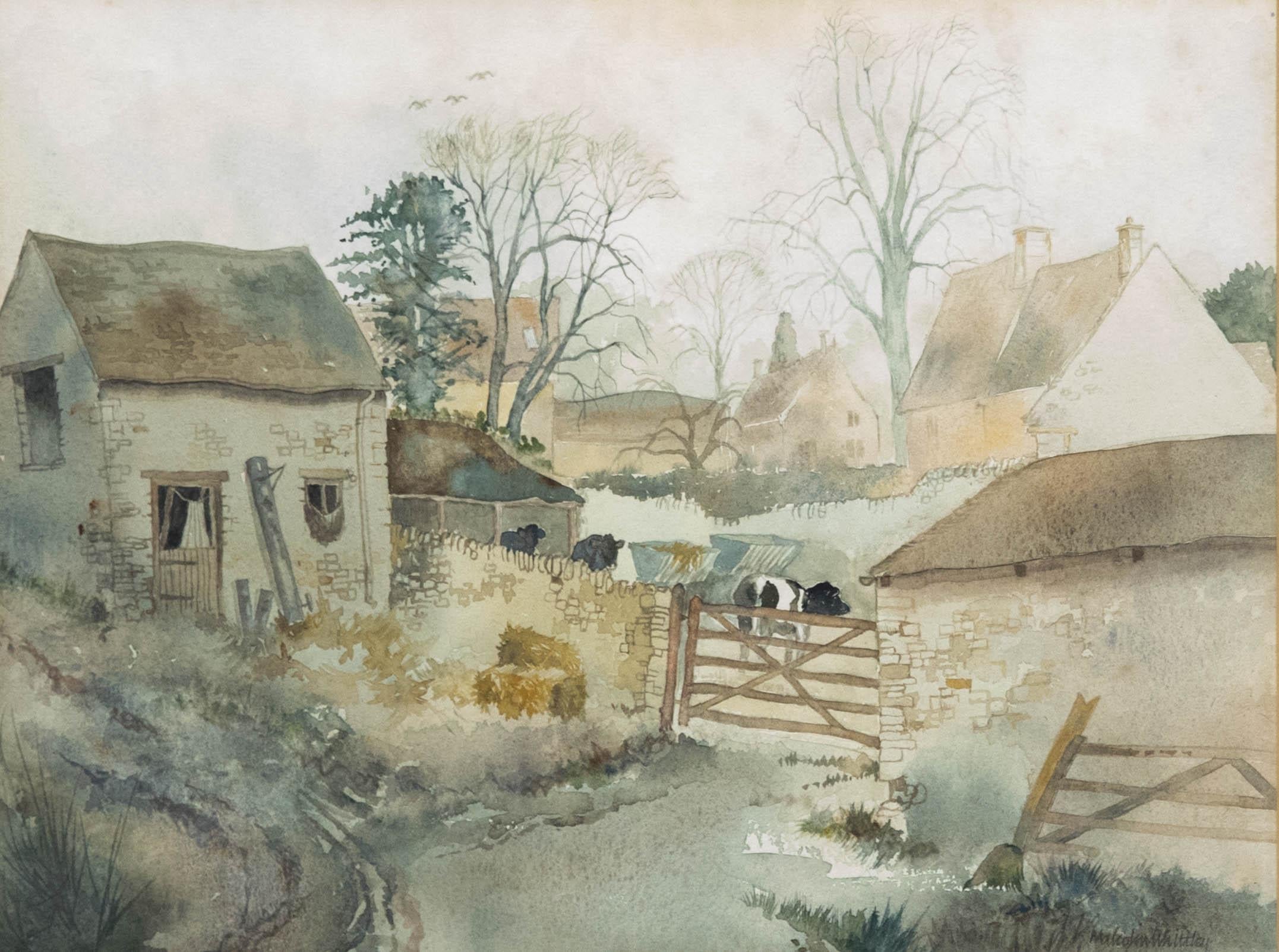 Gerahmtes Aquarell des 20. Jahrhunderts von Malcolm Whittley – The Farmyard, Upper Slaughter, gerahmtes Aquarell – Art von Unknown