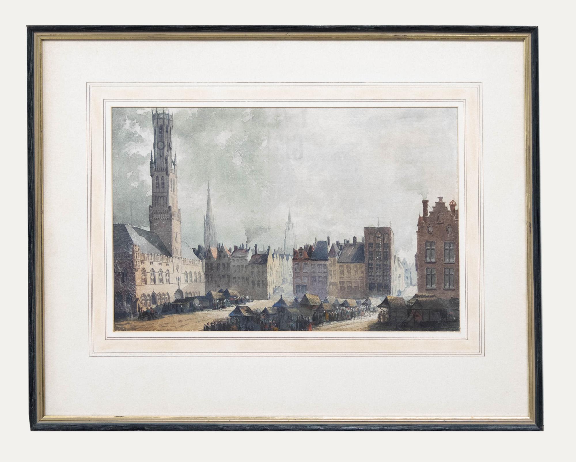 Unknown Landscape Art – Manner von Clarkson Stanfield – Aquarell des 19. Jahrhunderts, Markt in Brügge