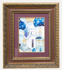 Gerahmtes Contemporary Aquarell - Russische Kloster Domes