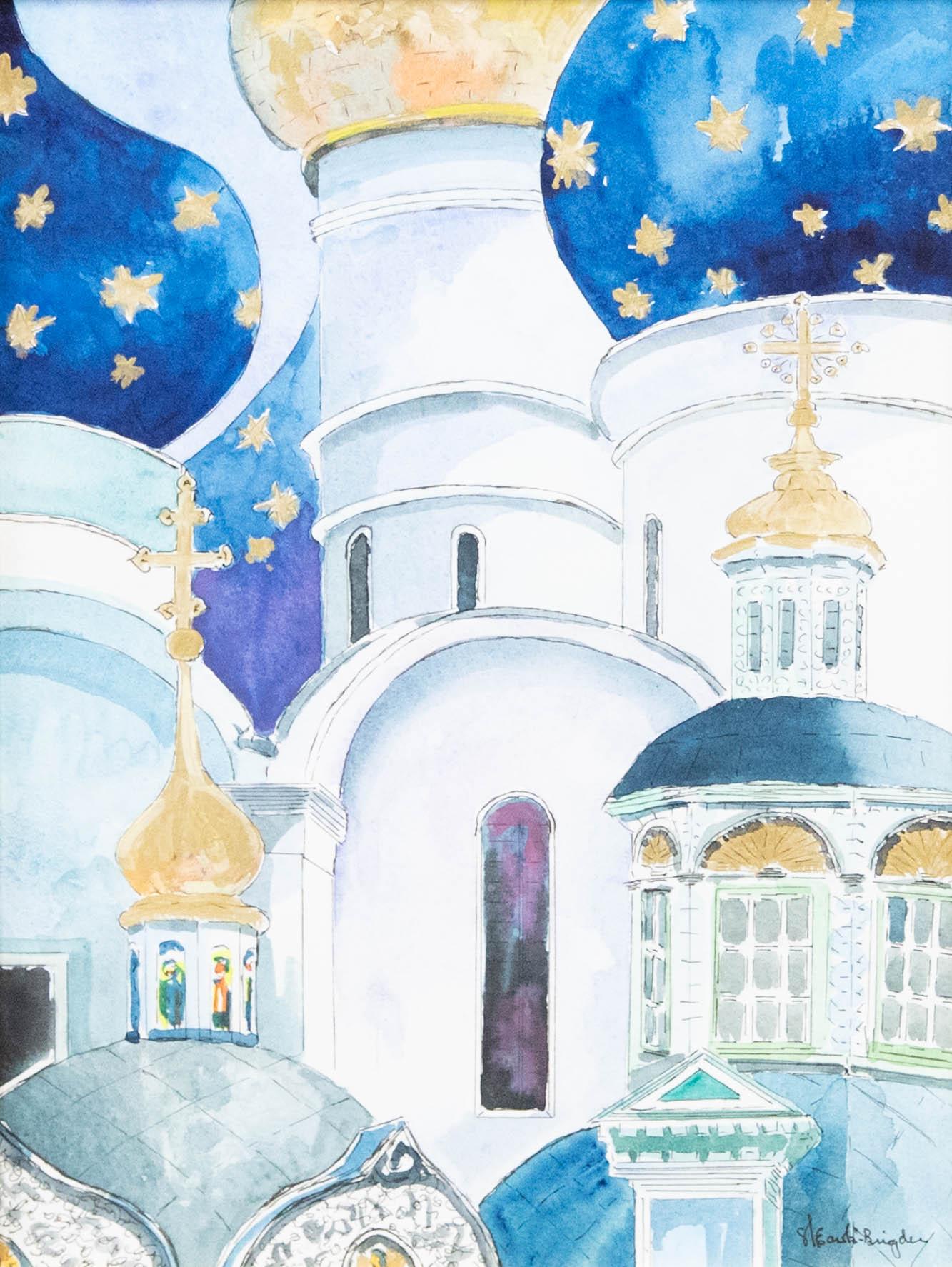 Framed Contemporary Watercolour - Russian Monastery Domes - Art by Unknown