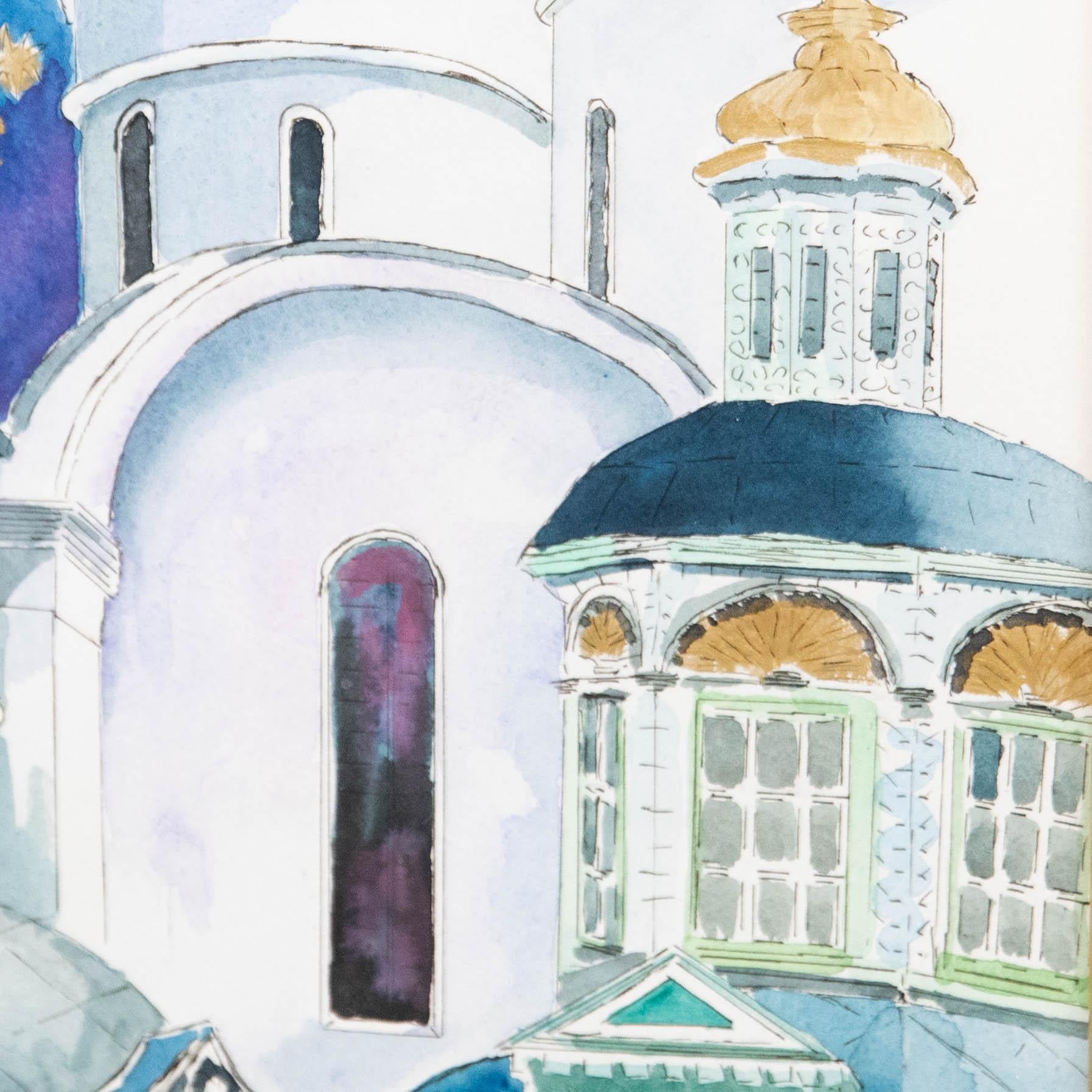 Framed Contemporary Watercolour - Russian Monastery Domes 1