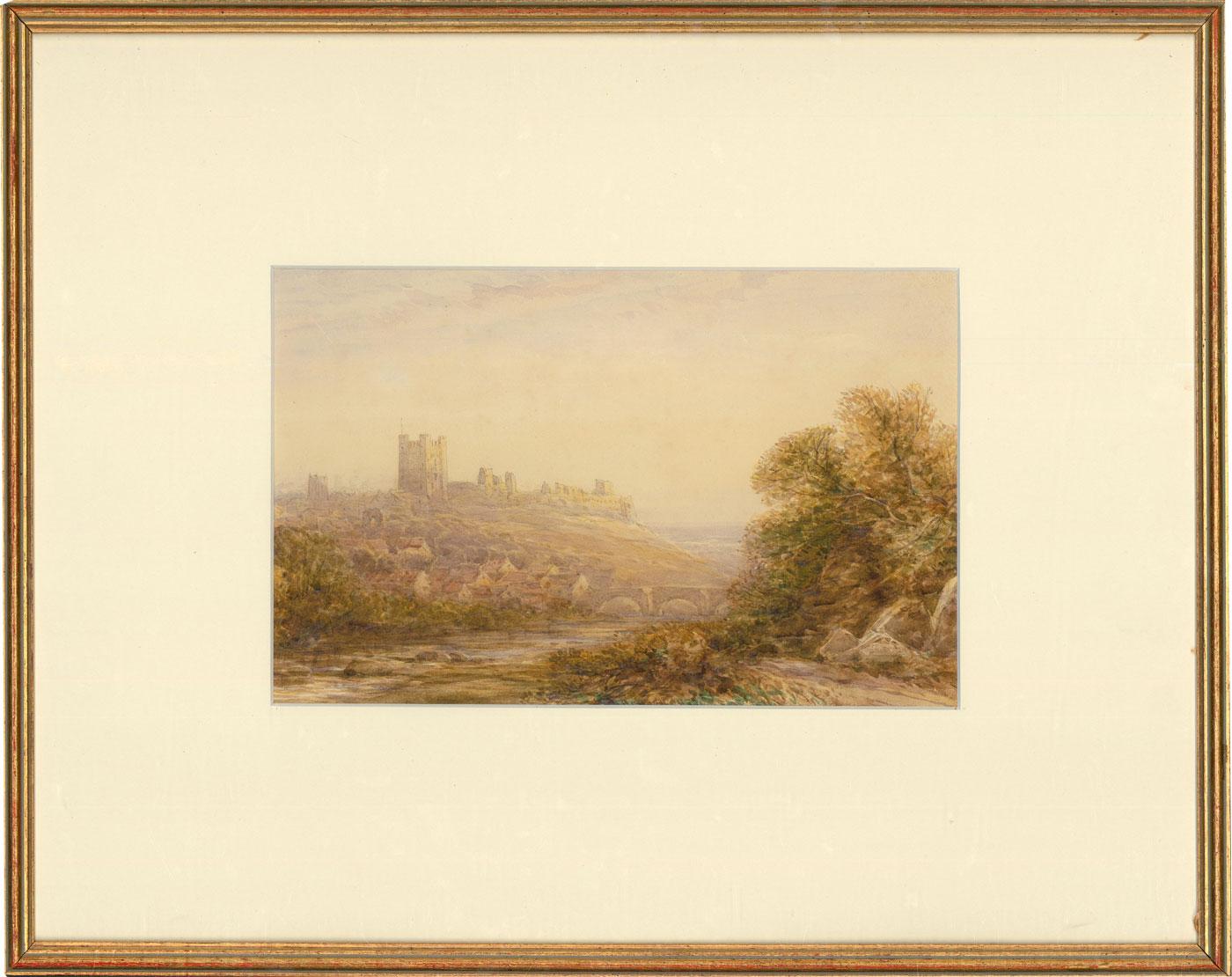 A delightful view of Richmond Castle in Yorkshire, England. The artist captures the vast landscape with the winding river and village to the foreground and the imposing castle sitting on the hill overlooking the scene. Faintly signed and dated to