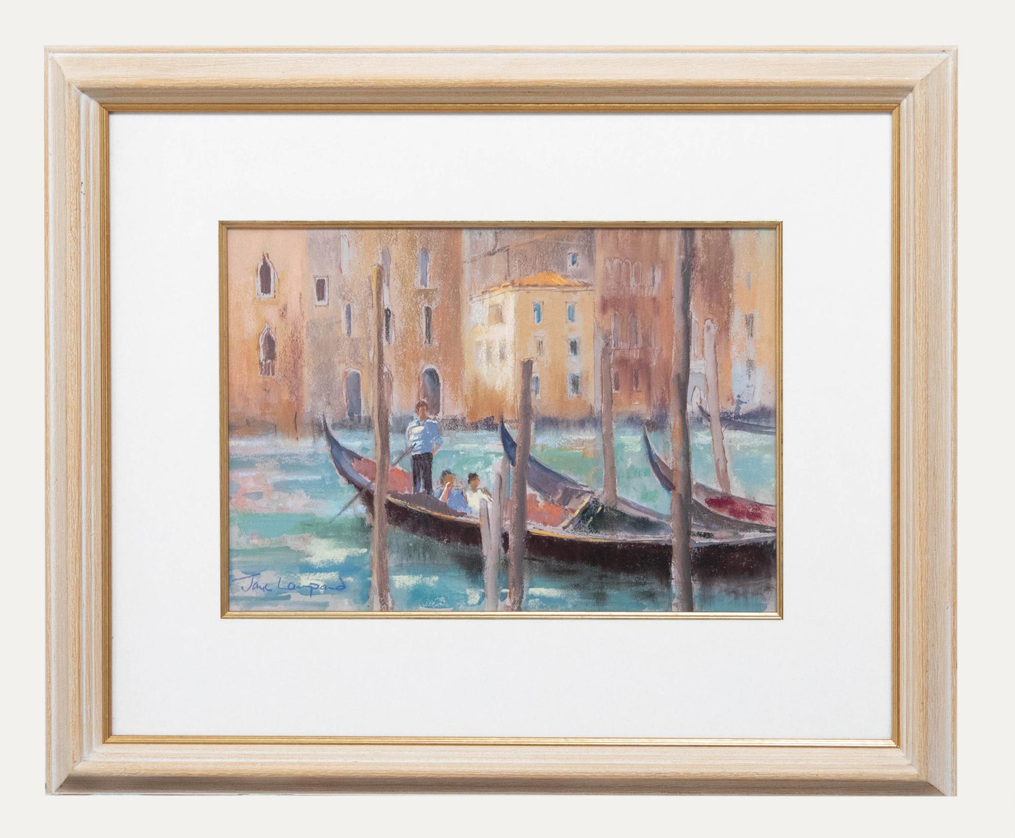 Unknown Landscape Art - Jane Lampard - Framed Contemporary Pastel, Gondolas, Grand Canal, Venice