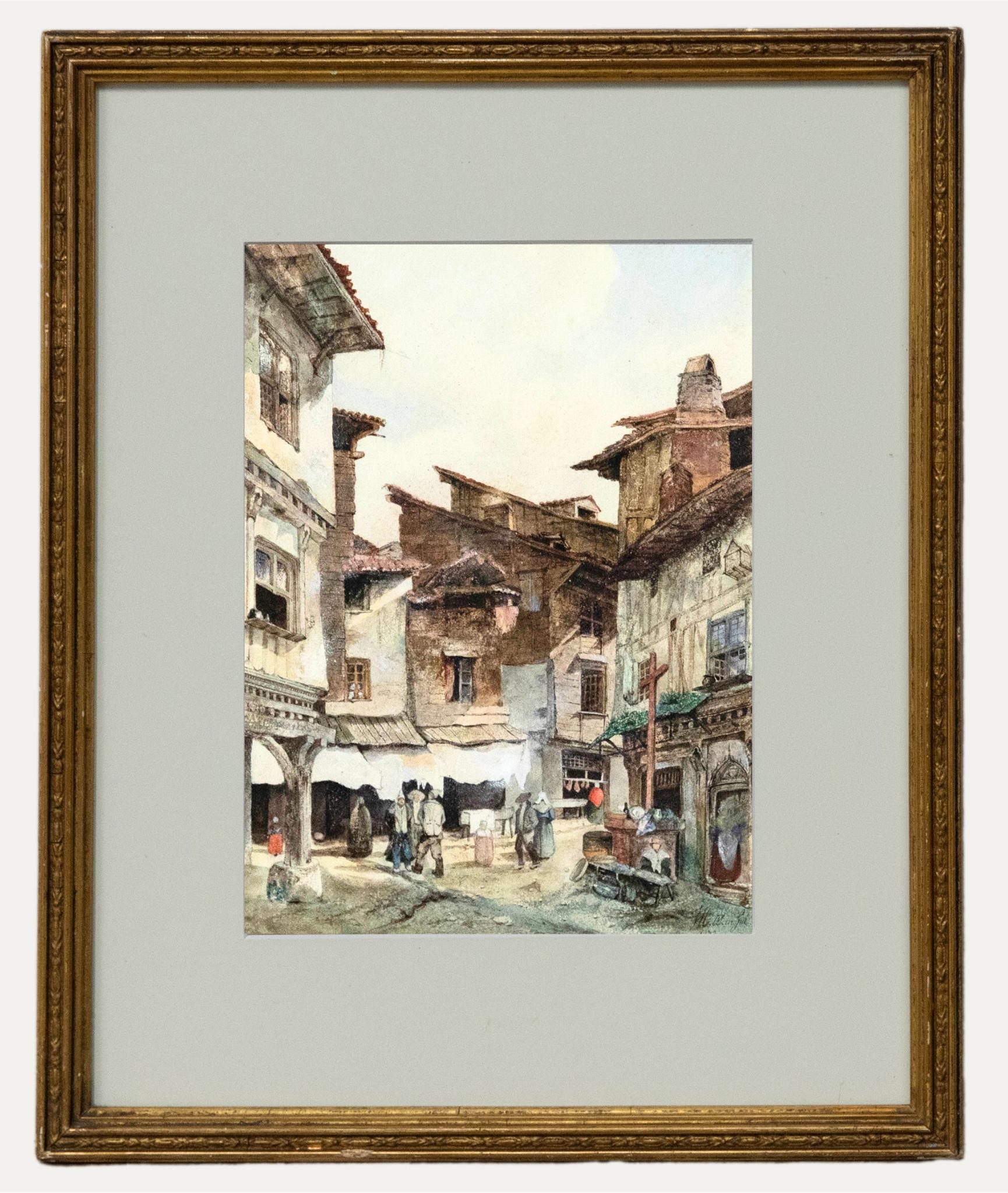 Unknown Landscape Art – Jean-Marie Oscar Gue (1809-1877) - 1832 Aquarell, Busy Town Scene