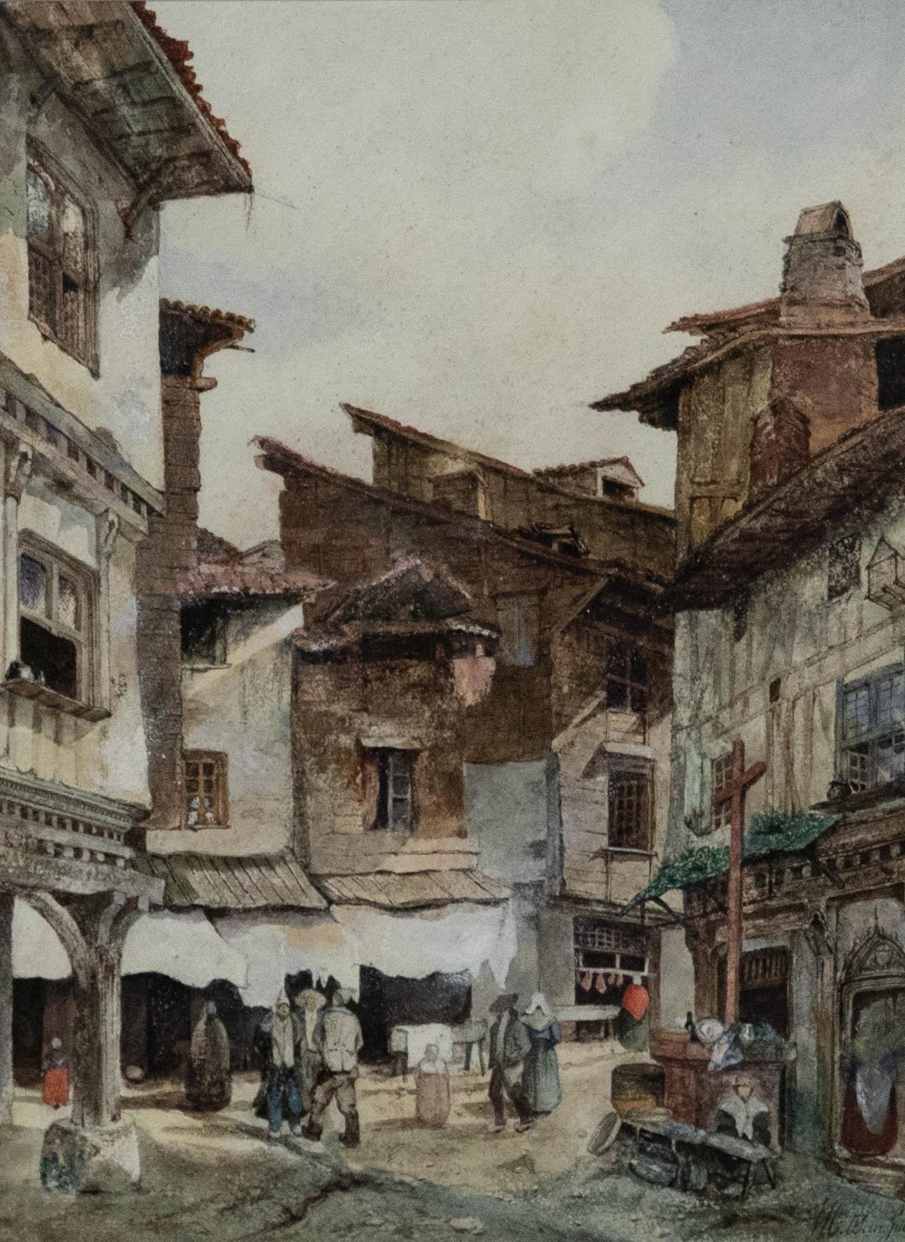 Jean-Marie Oscar Gue (1809-1877) - 1832 Aquarell, Busy Town Scene – Art von Unknown