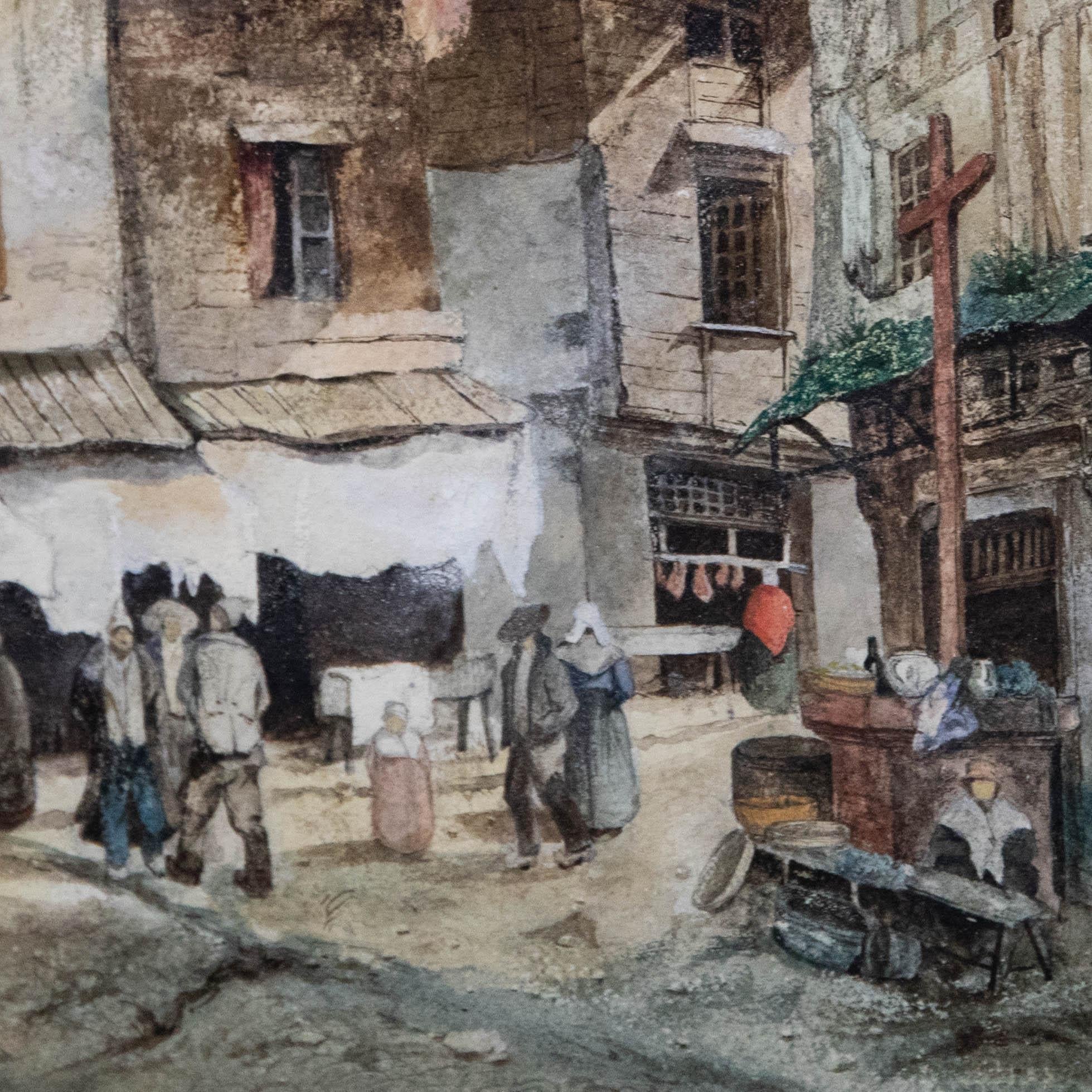 Jean-Marie Oscar Gue (1809-1877) - 1832 Watercolour, Busy Town Scene For Sale 1