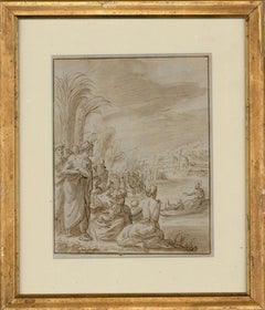 Gerahmte Tinten- und Waschzeichnung aus dem 18. Jahrhundert – Figuren auf einer Flussufer gerahmt