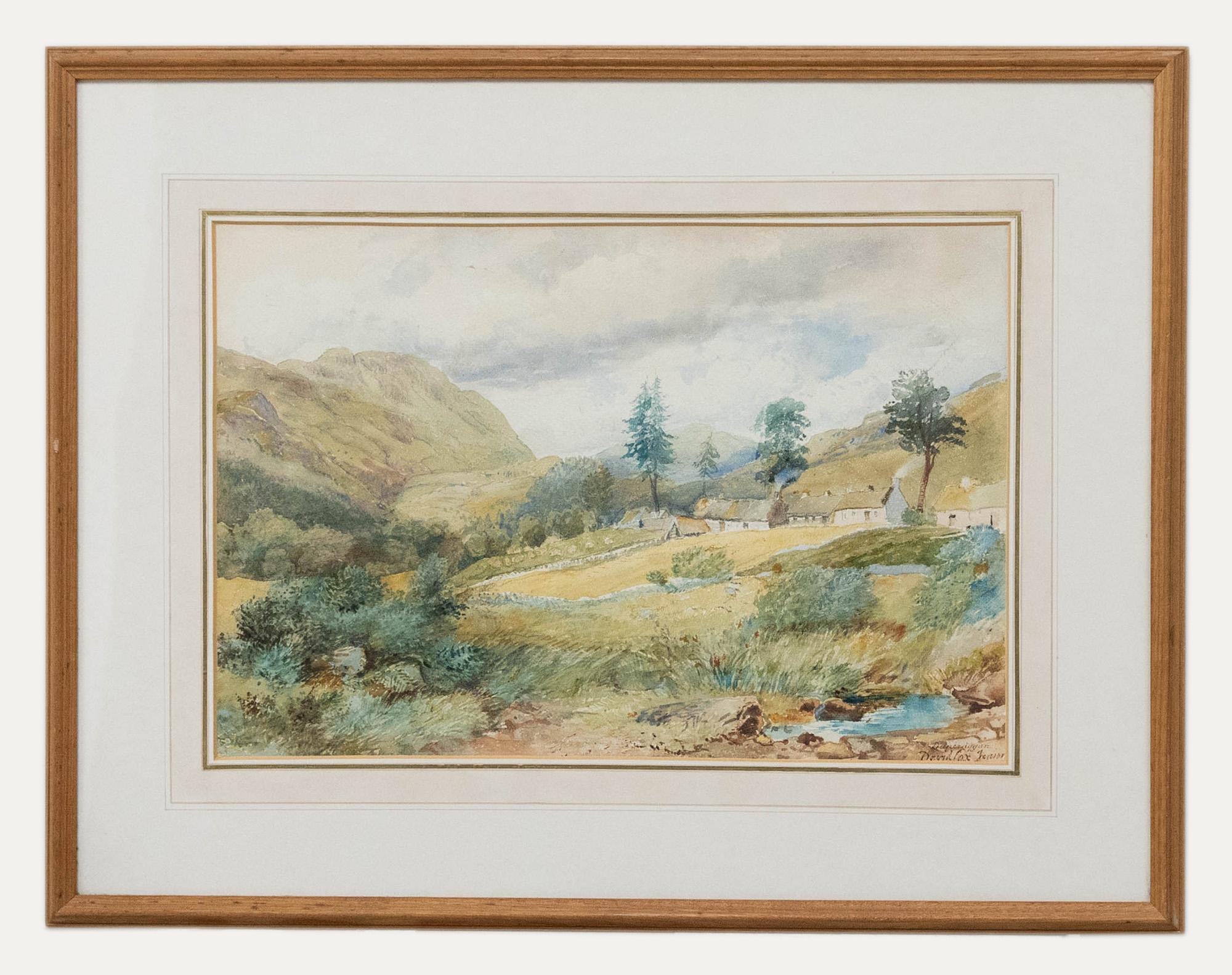 David Cox Jnr. ARWS (1809-1885)- Original-Aquarell. Berglandschaft mit Hütten. Signiert und beschriftet unten rechts. Präsentiert in einem glasierten Eichenrahmen. Auf der Rückseite ist ein Label angebracht. Auf Aquarellpapier.
