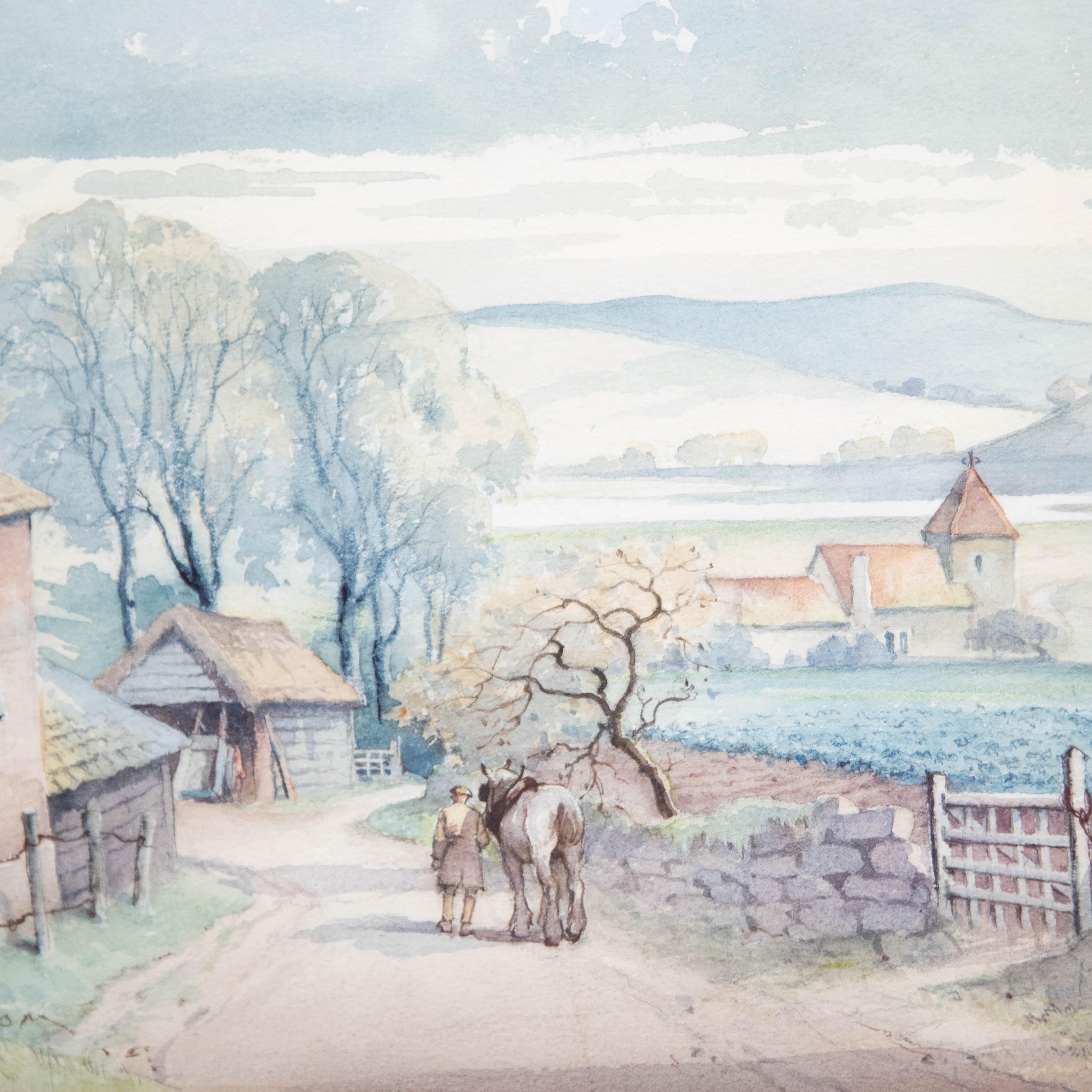 A delightful watercolour study depicting the village of Tarring Neville near New Haven. The scene depicts a man and his horse heading down a country lane towards the village church. Signed to the lower right. On paper.
