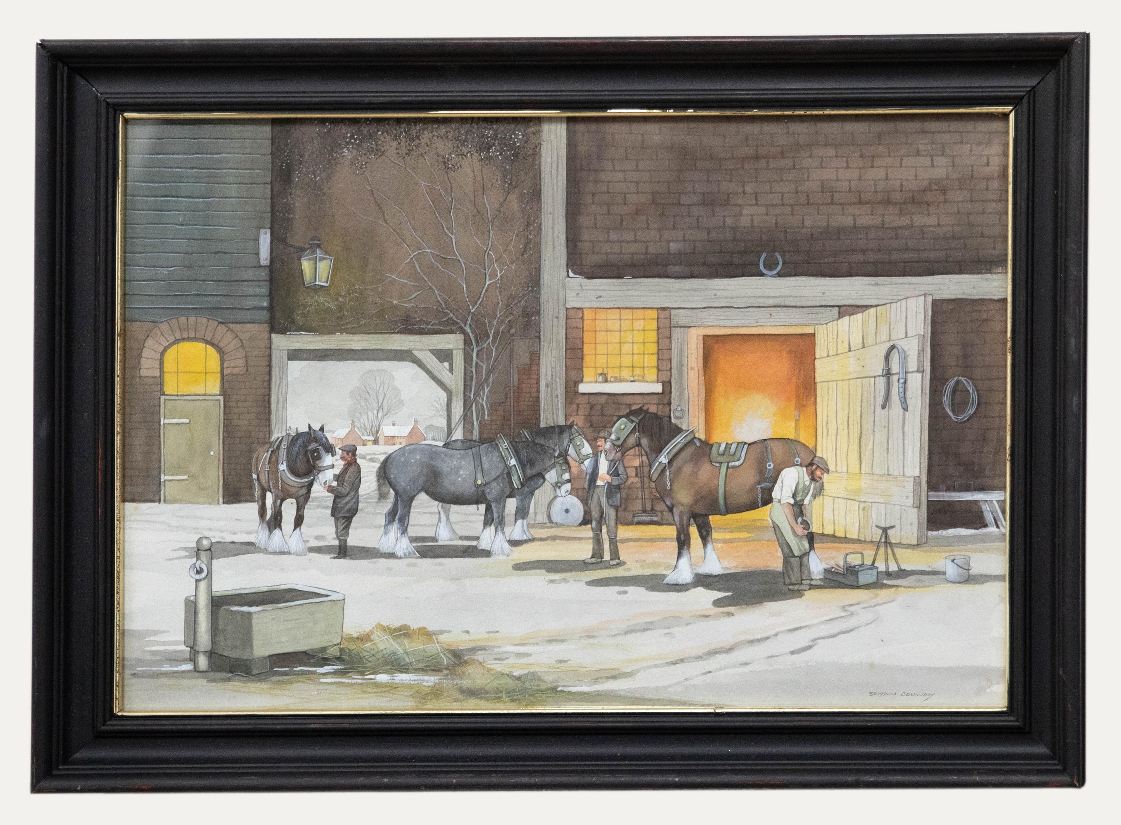 Unknown Landscape Art - Bryan Conway - Framed Contemporary Watercolour, Shire Horses being Reshod