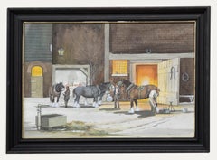 Bryan Conway - Gerahmtes Contemporary Aquarell, Shire Horses being Reshod