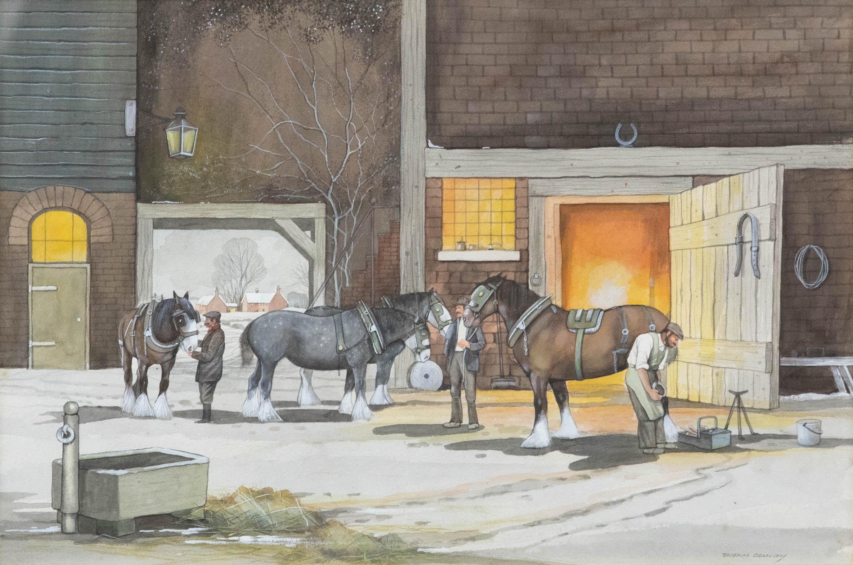 Bryan Conway - Framed Contemporary Watercolour, Shire Horses being Reshod - Art by Unknown