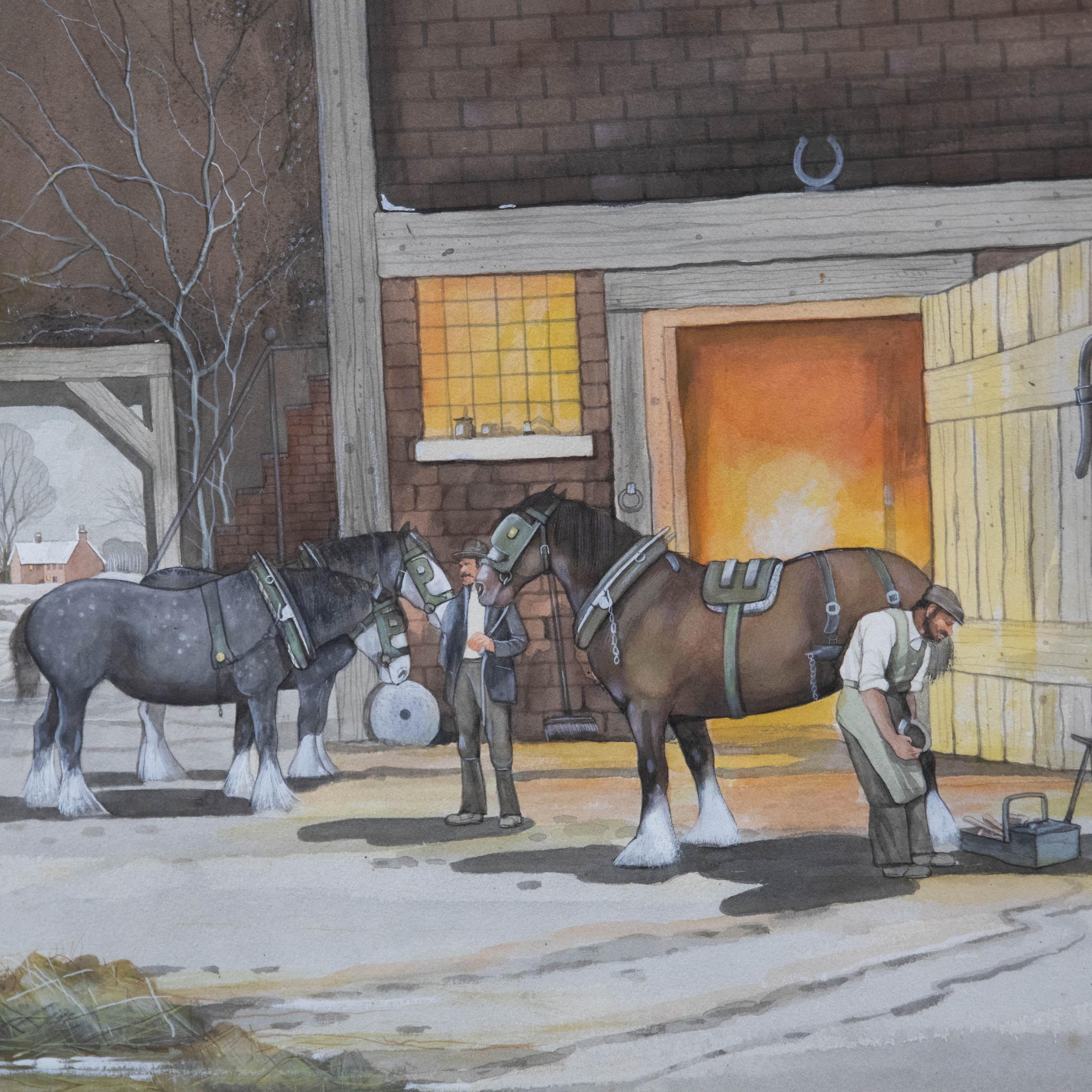 Bryan Conway - Framed Contemporary Watercolour, Shire Horses being Reshod For Sale 1