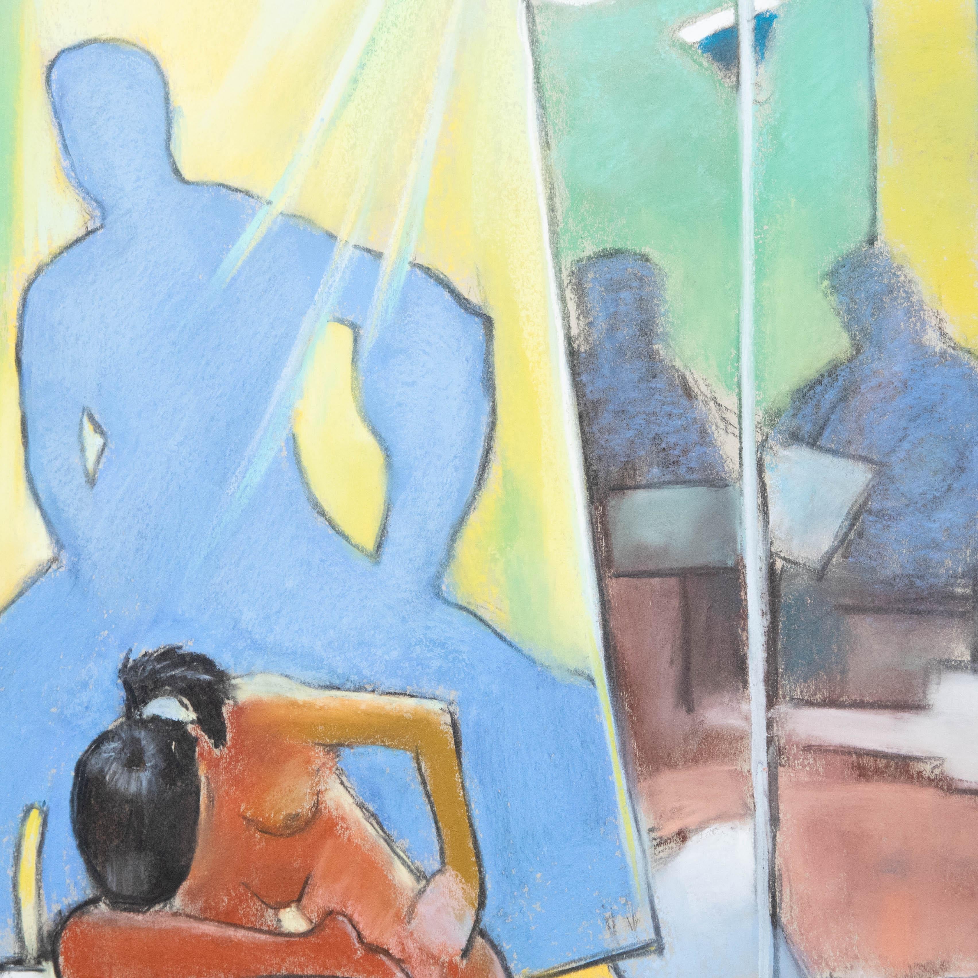 A striking fauvist work in chalk pastel. Signed to the lower right. Presented in a large contemporary frame with a crisp white mount. On paper.