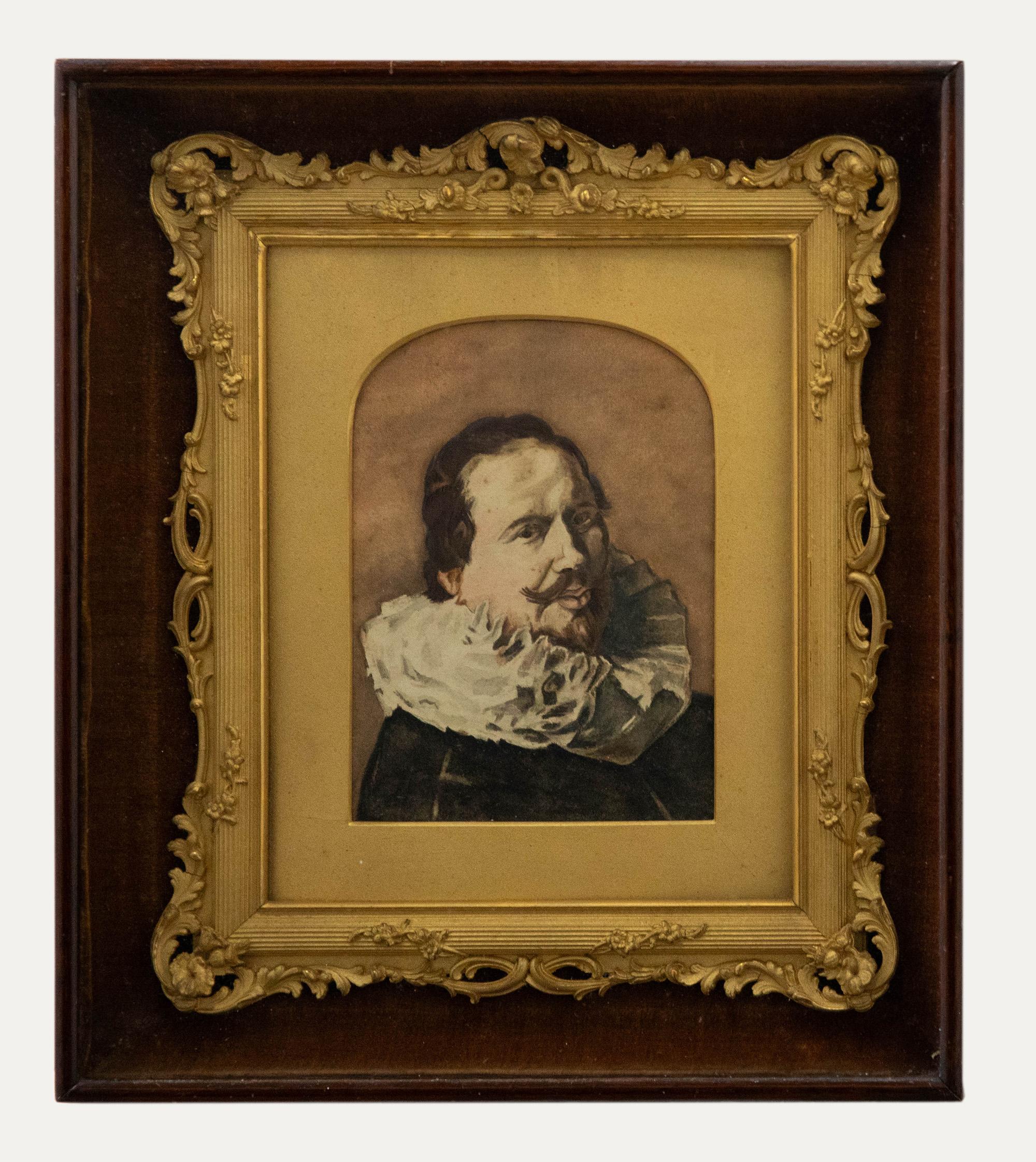 A charming watercolour self portrait. The artist seems to take inspiration from the self portraits of Rembrandt, creating an intimate composition where the viewer is confronted with the subject. Beautifully presented in an ornate gilt frame with