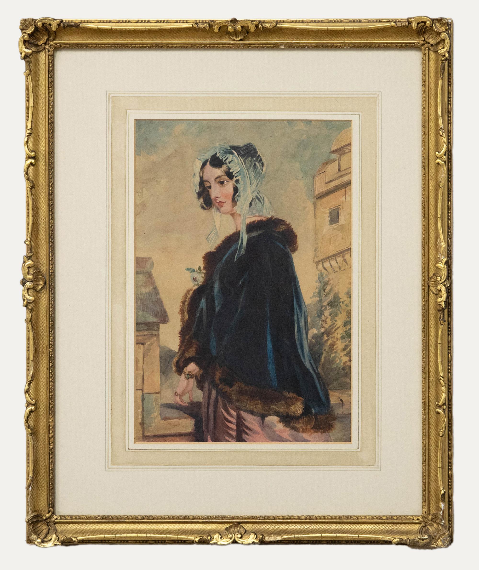 Unknown Portrait - R.E. Hill - Mid 19th Century Watercolour, Lady in a Fur Trimmed Cloak