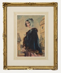 Antique R.E. Hill - Mid 19th Century Watercolour, Lady in a Fur Trimmed Cloak