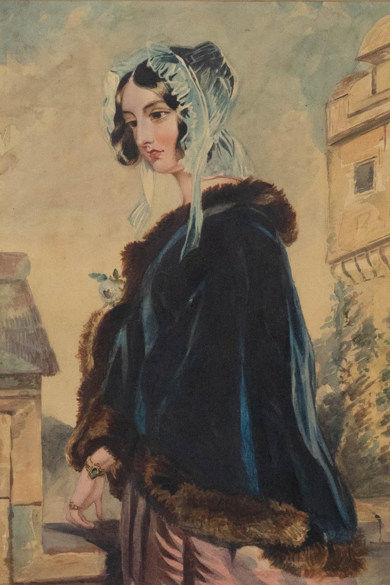R.E. Hill - Mid 19th Century Watercolour, Lady in a Fur Trimmed Cloak - Art by Unknown