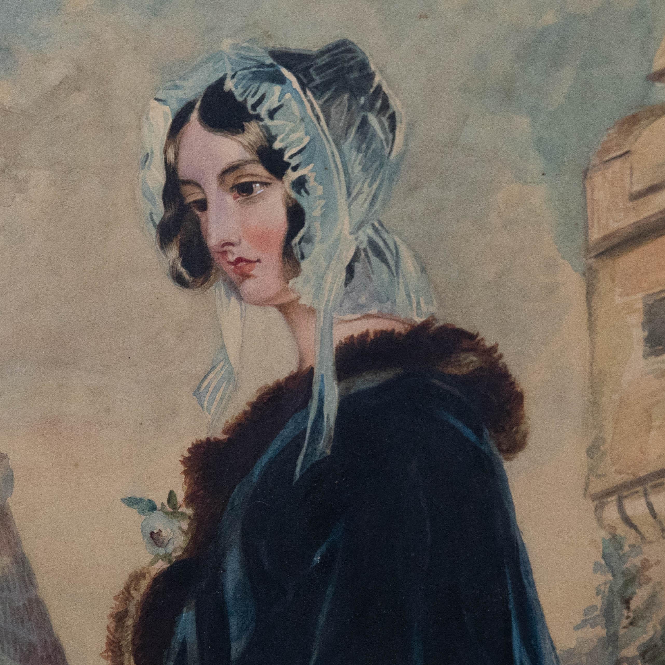 R.E. Hill - Mid 19th Century Watercolour, Lady in a Fur Trimmed Cloak For Sale 1